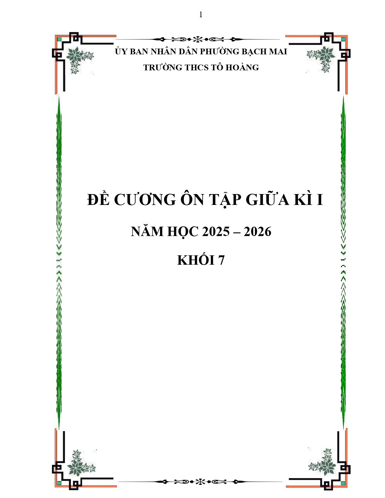 Đề cương ôn tập Giữa kì 1 Toán 7 trường THCS Tô Hoàng (Hà Nội) năm 2025–2026