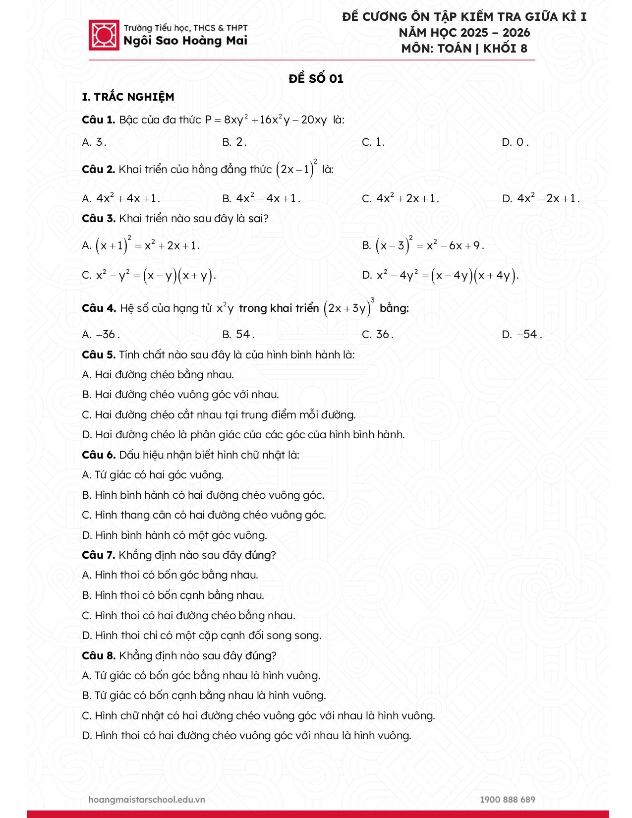 Đề cương ôn tập Giữa kì 1 Toán 8 trường Ngôi Sao Hoàng Mai (Hà Nội) năm 2025–2026