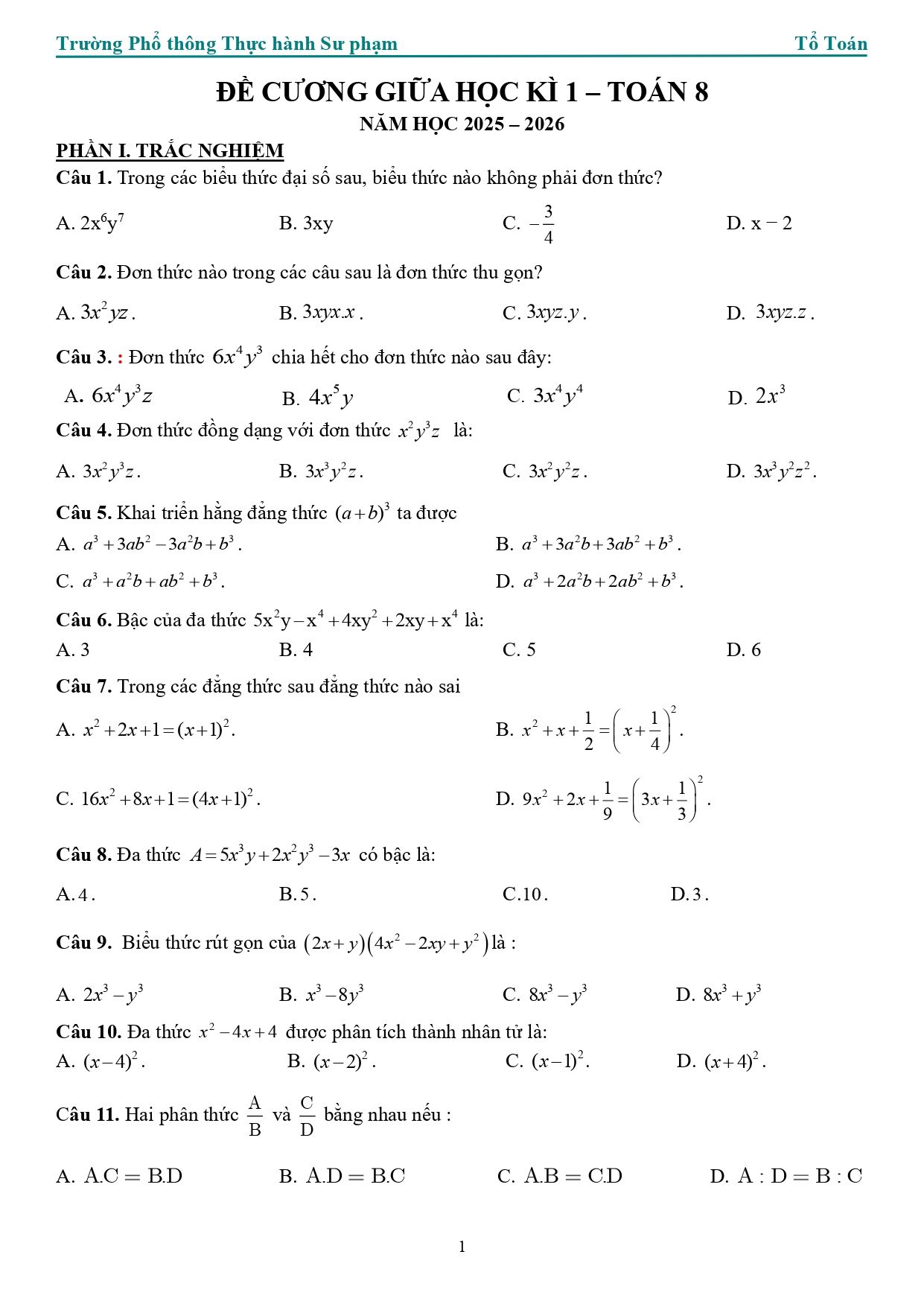 Đề cương ôn tập Giữa kì 1 Toán 8 trường PT Thực hành Sư phạm (Đồng Nai) năm 2025–2026
