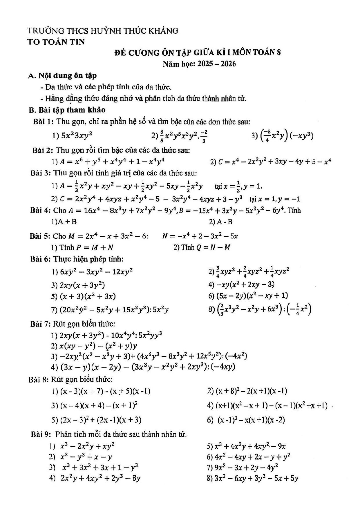 Đề cương ôn tập Giữa kì 1 Toán 8 trường THCS Huỳnh Thúc Kháng (Đà Nẵng) năm 2025–2026