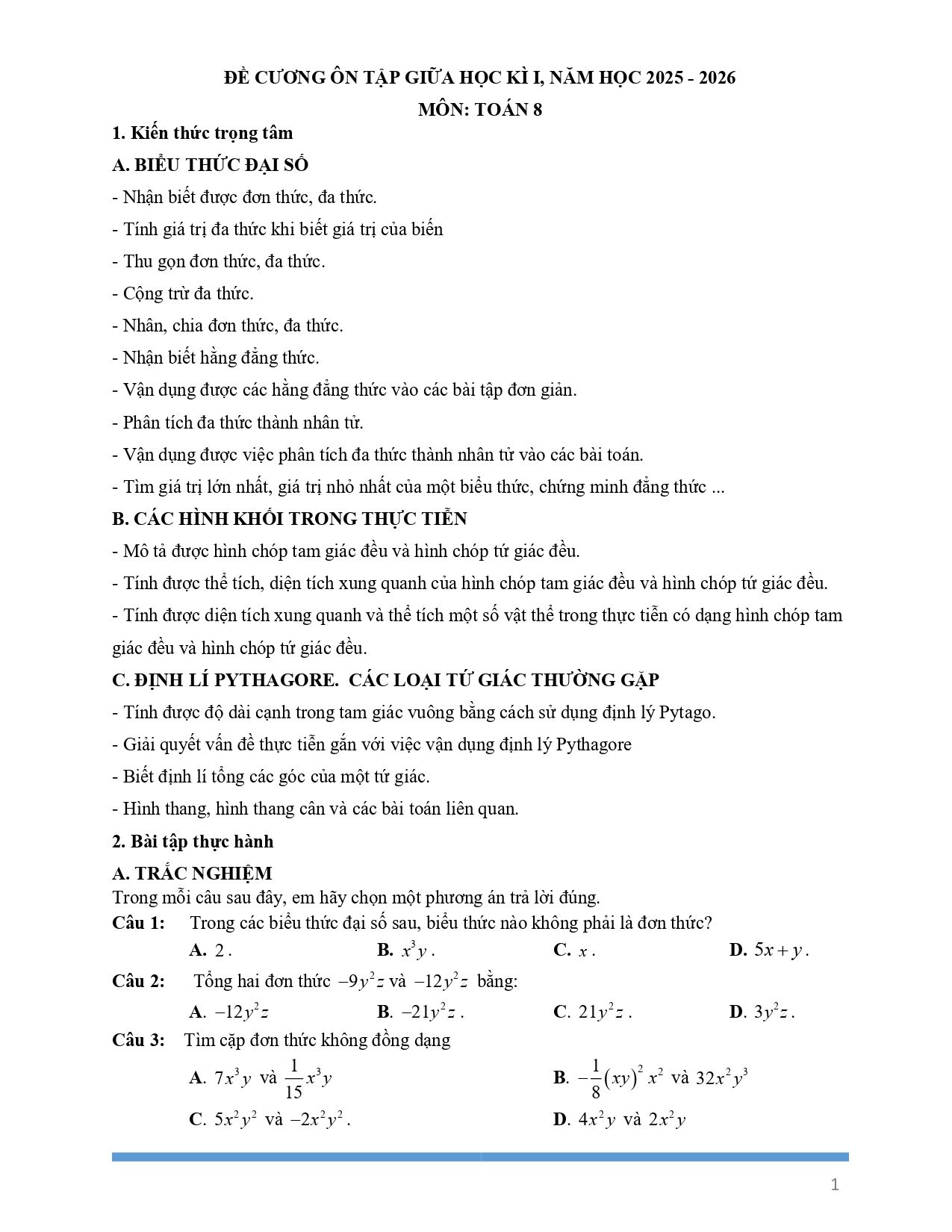 Đề cương ôn tập Giữa kì 1 Toán 8 trường THCS Nguyễn Văn Linh (TP Hồ Chí Minh) năm 2025–2026