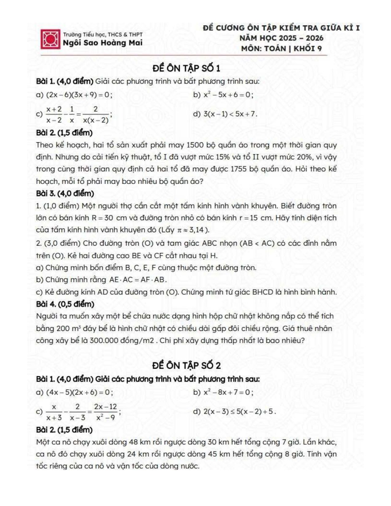 Đề cương ôn tập Giữa kì 1 Toán 9 trường Ngôi Sao Hoàng Mai (Hà Nội) năm 2025–2026