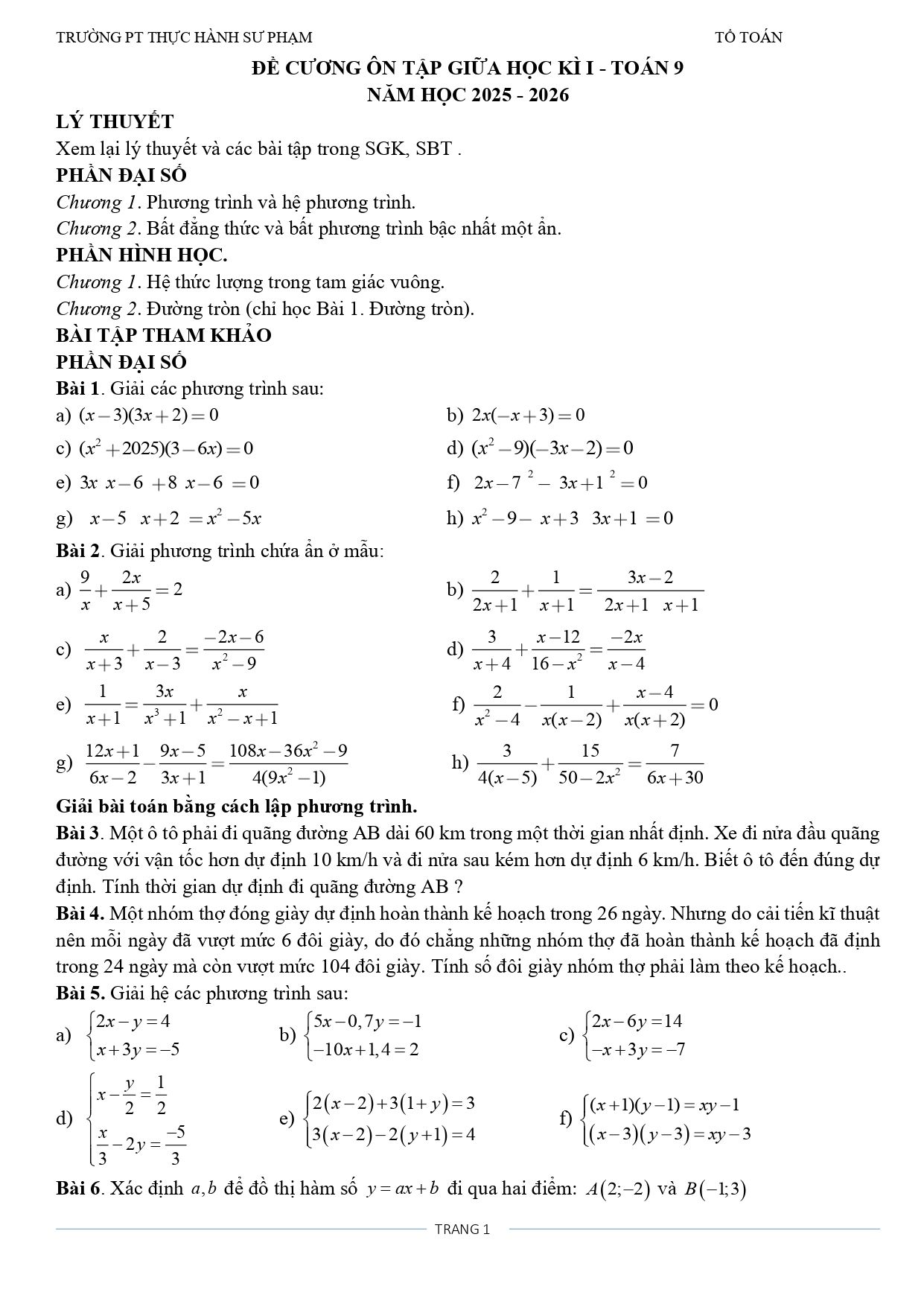 Đề cương ôn tập Giữa kì 1 Toán 9 trường PT Thực hành Sư phạm (Đồng Nai) năm 2025–2026