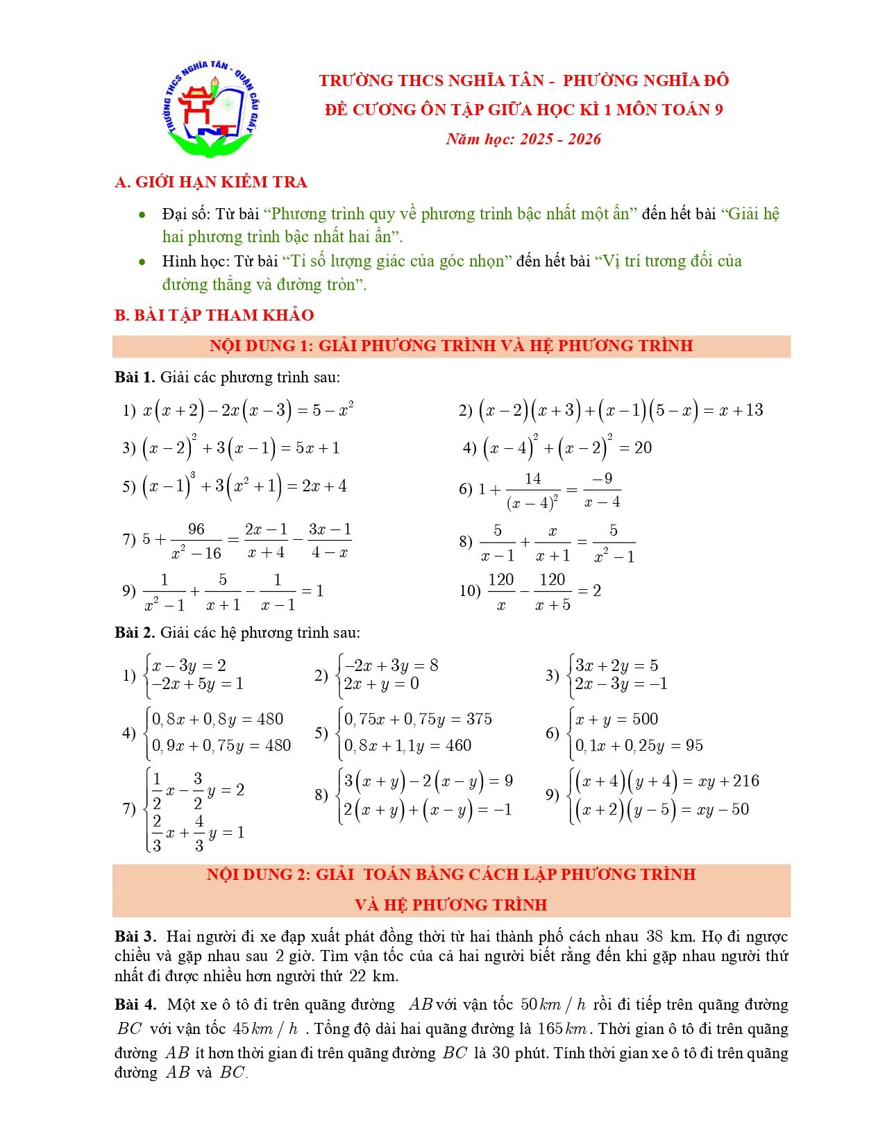 Đề cương ôn tập Giữa kì 1 Toán 9 trường THCS Nghĩa Tân (Hà Nội) năm 2025–2026