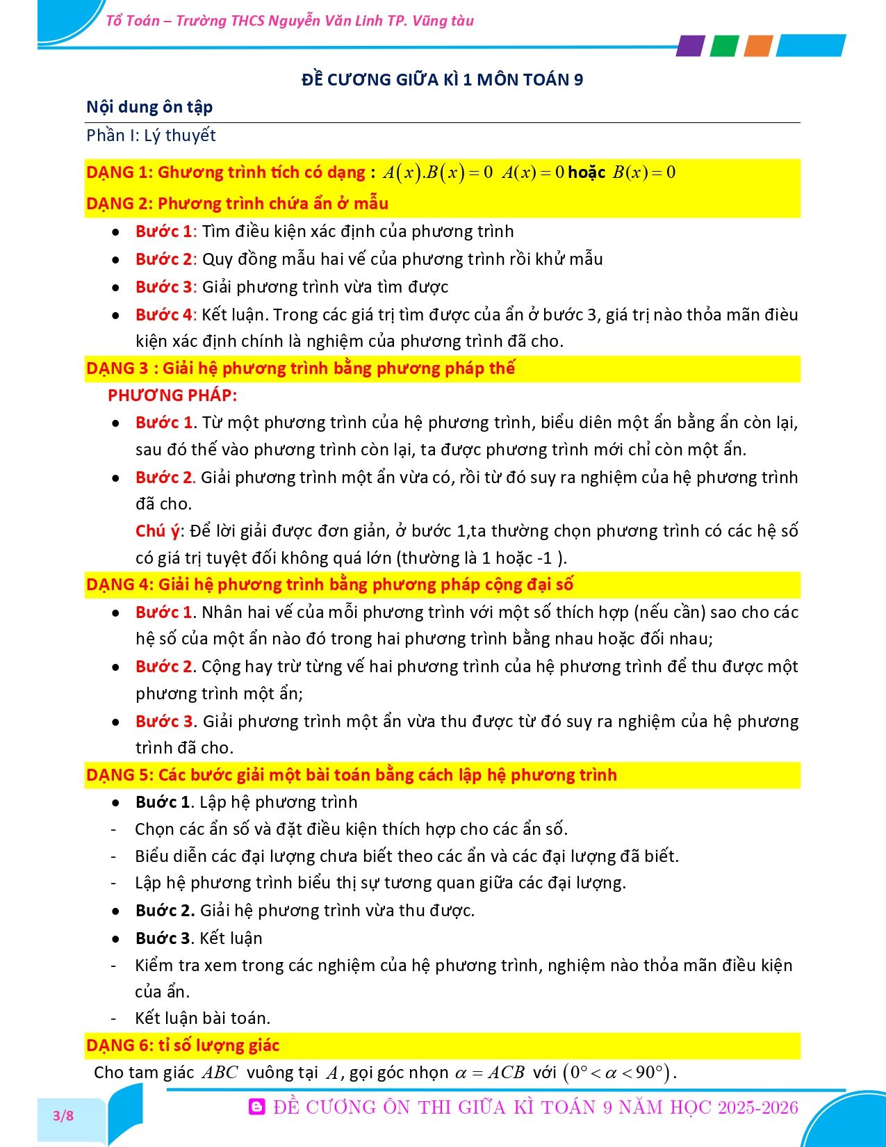 Đề cương ôn tập Giữa kì 1 Toán 9 trường THCS Nguyễn Văn Linh (TP Hồ Chí Minh) năm 2025–2026