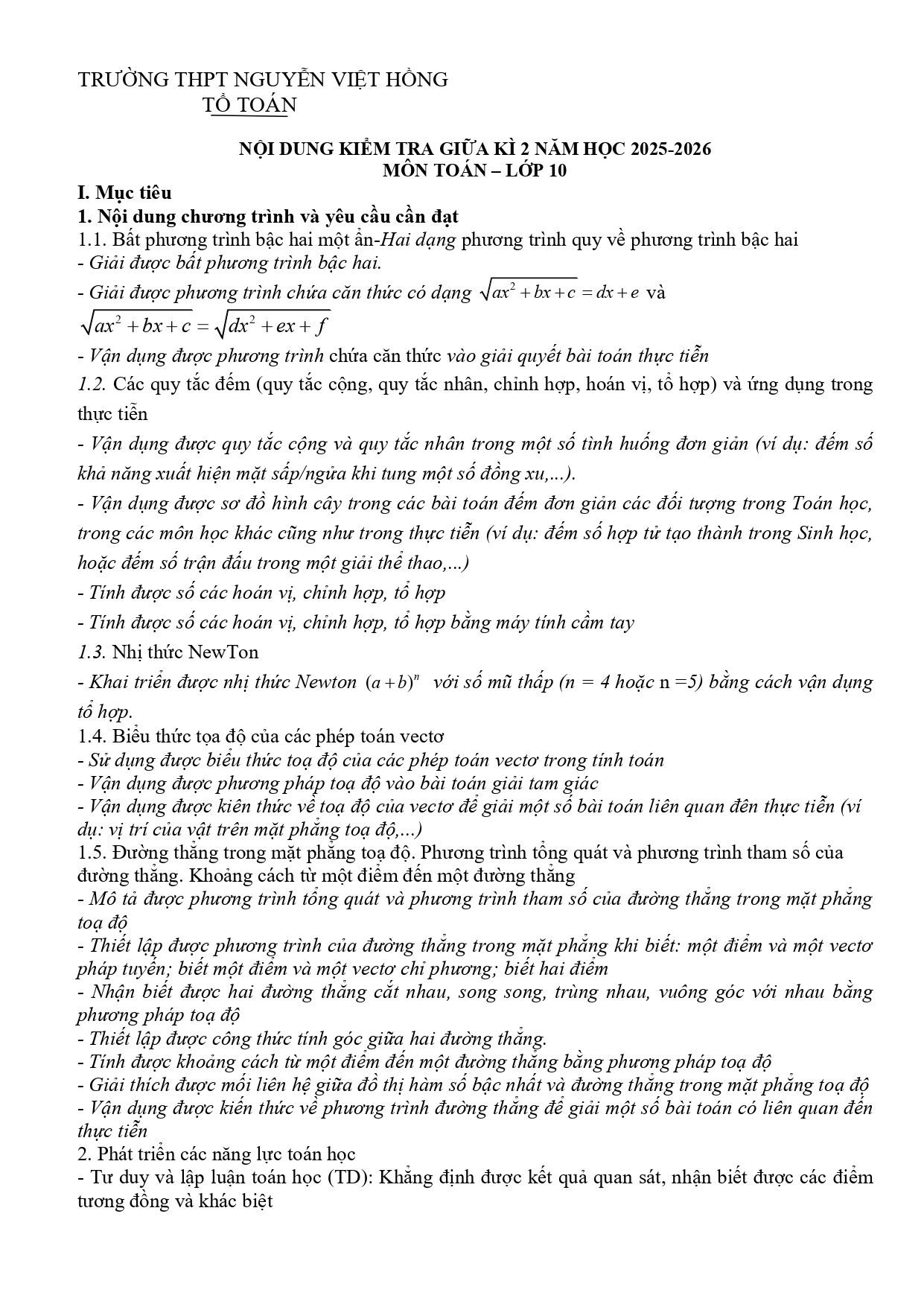 Đề cương ôn tập Giữa kì 2 Toán 10 trường THPT Nguyễn Việt Hồng (Cần Thơ) năm 2025–2026