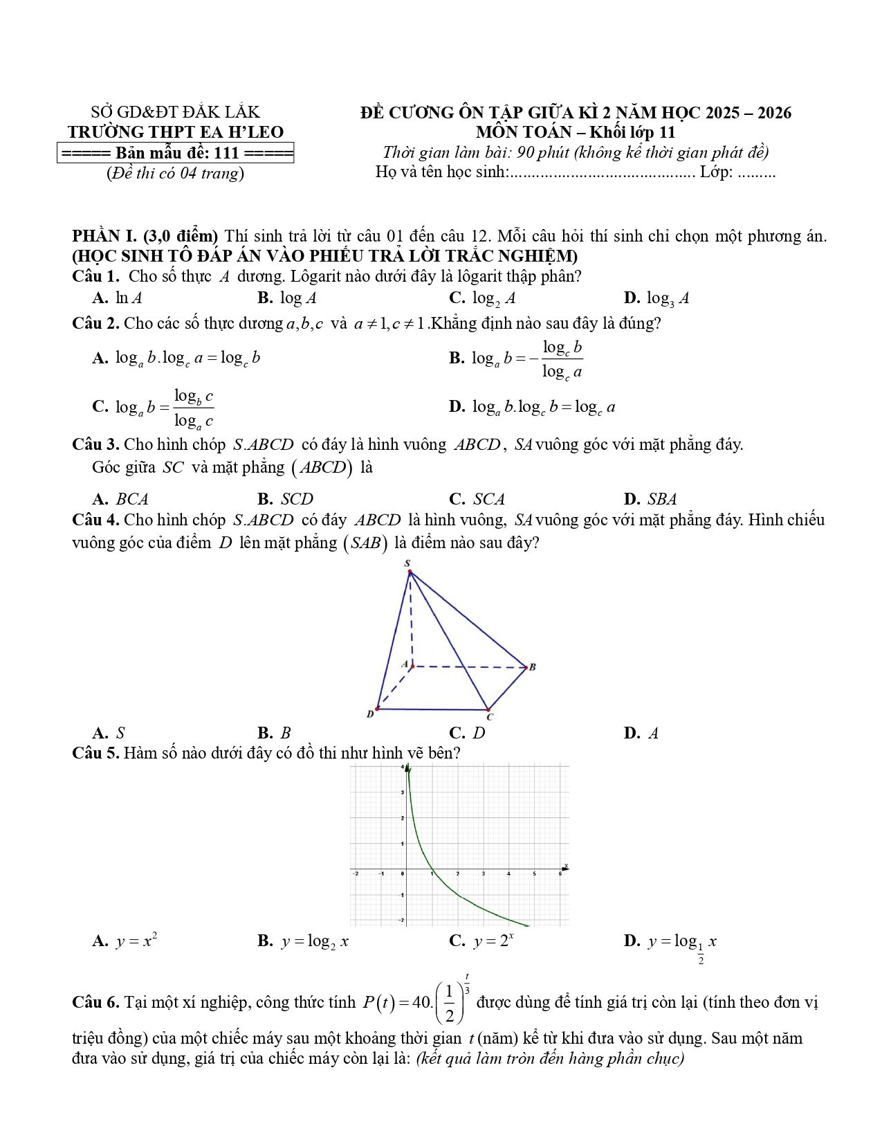 Đề cương ôn tập Giữa kì 2 Toán 11 trường THPT Ea H’Leo (Đắk Lắk) năm 2025–2026