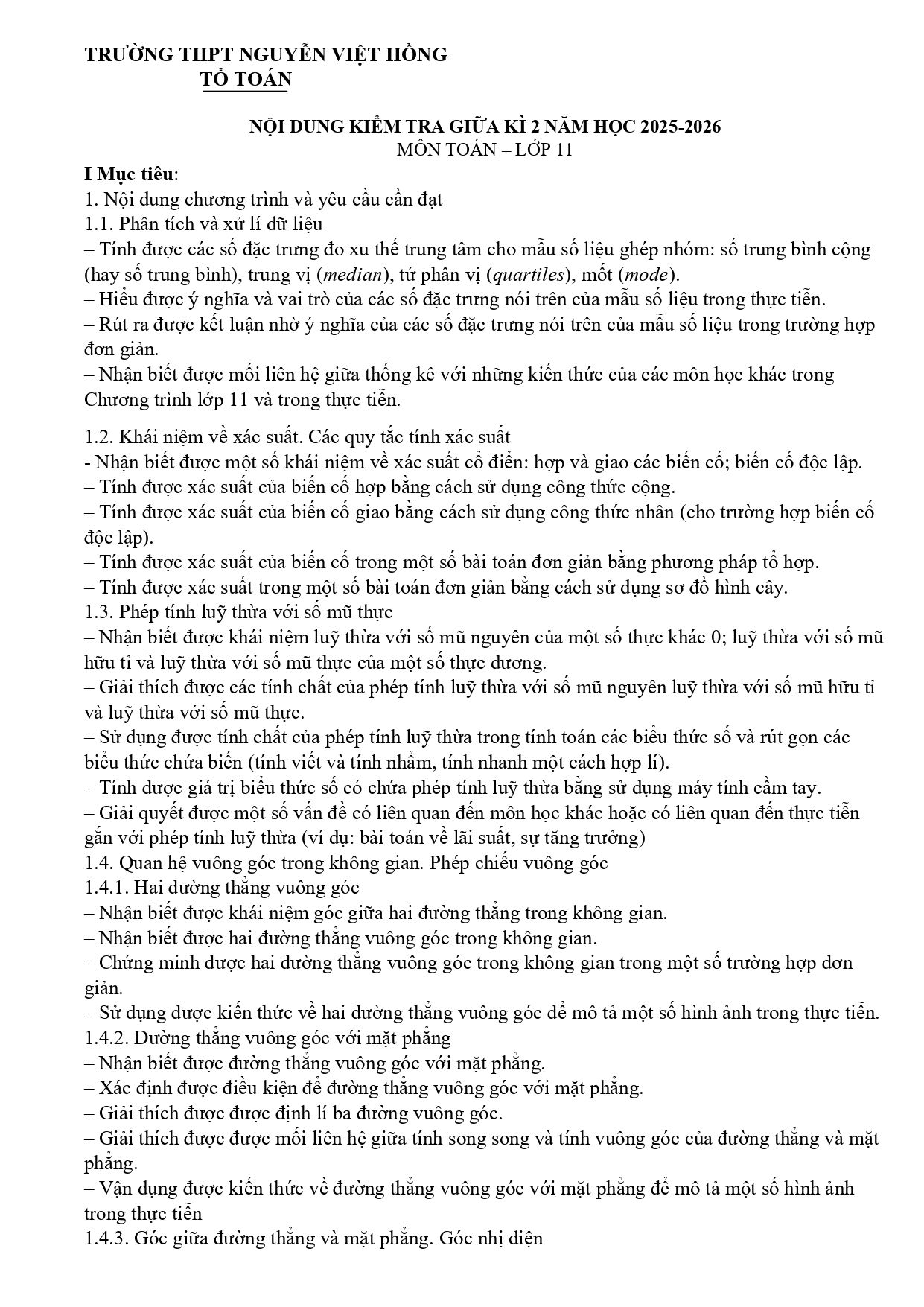 Đề cương ôn tập Giữa kì 2 Toán 11 trường THPT Nguyễn Việt Hồng (Cần Thơ) năm 2025–2026