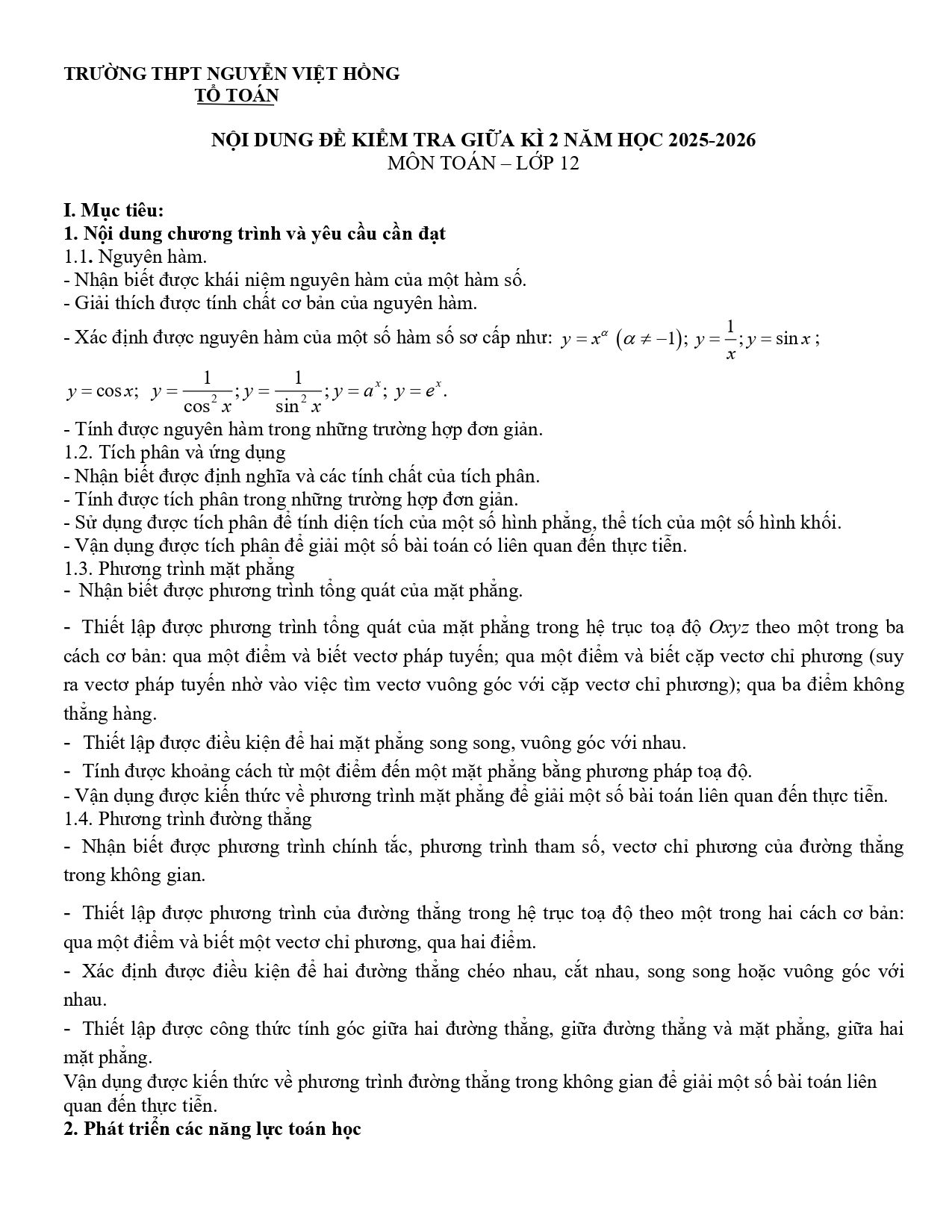 Đề cương ôn tập Giữa kì 2 Toán 12 trường THPT Nguyễn Việt Hồng (Cần Thơ) năm 2025–2026