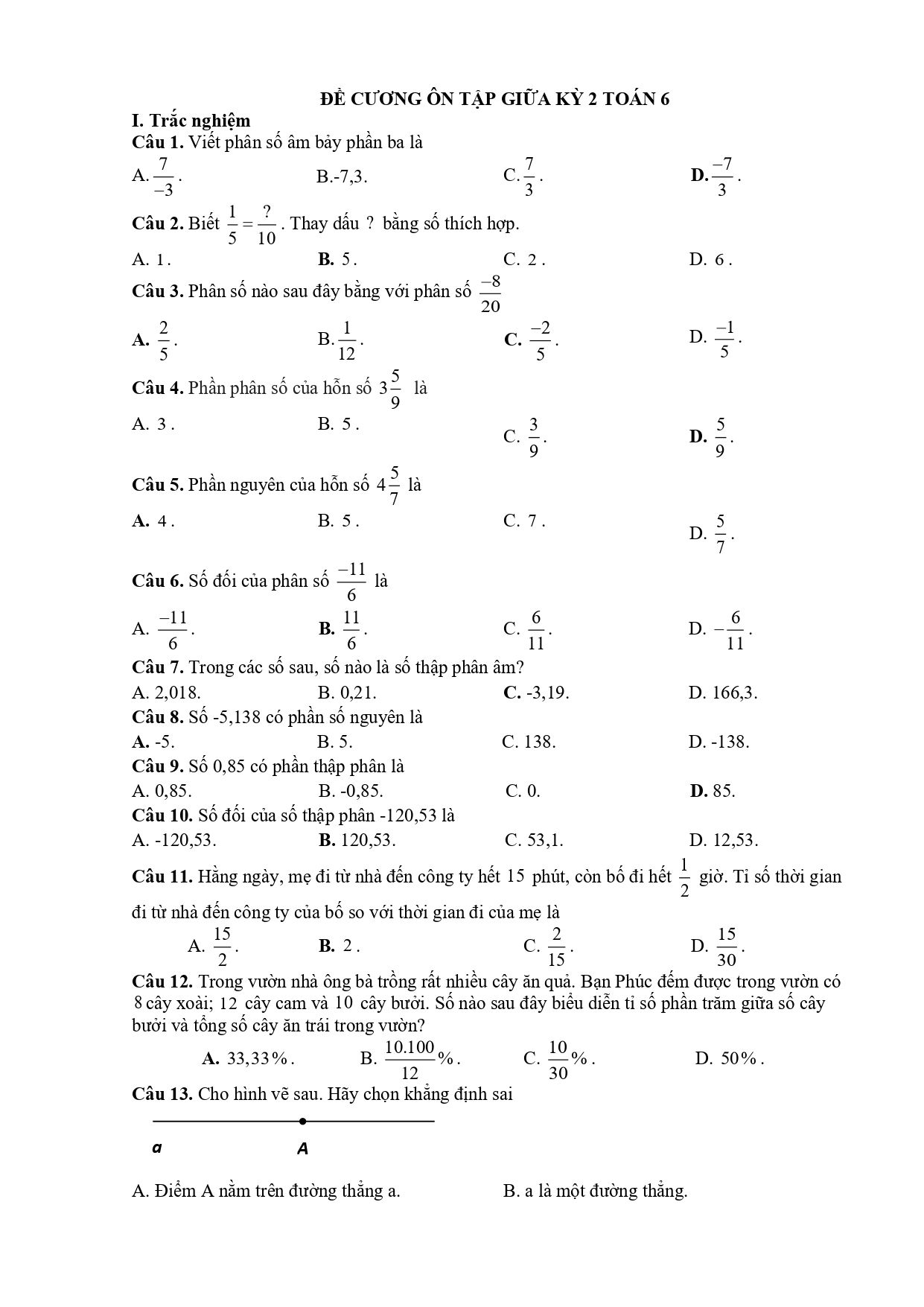 Đề cương ôn tập Giữa kì 2 Toán 6 trường THCS Thanh An (Quảng Trị) năm 2025–2026