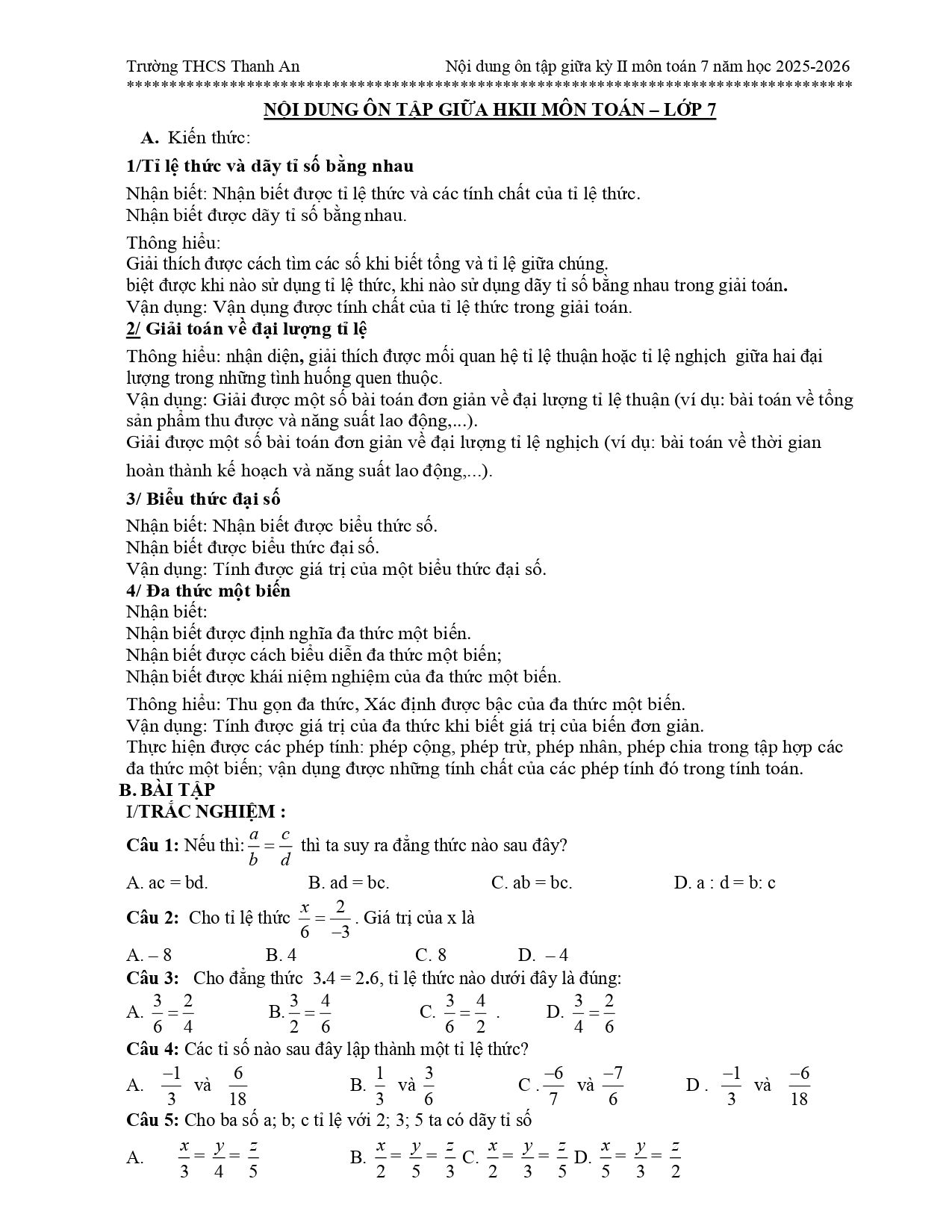 Đề cương ôn tập Giữa kì 2 Toán 7 trường THCS Thanh An (Quảng Trị) năm 2025–2026