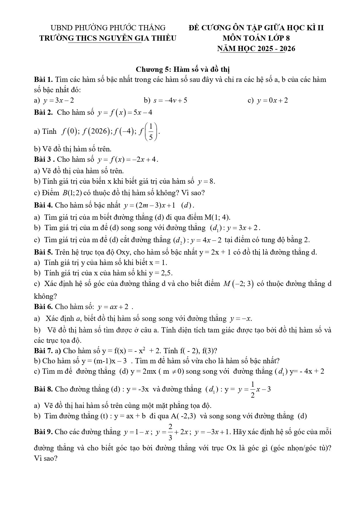 Đề cương ôn tập Giữa kì 2 Toán 8 trường THCS Nguyễn Gia Thiều (TP Hồ Chí Minh) năm 2025–2026