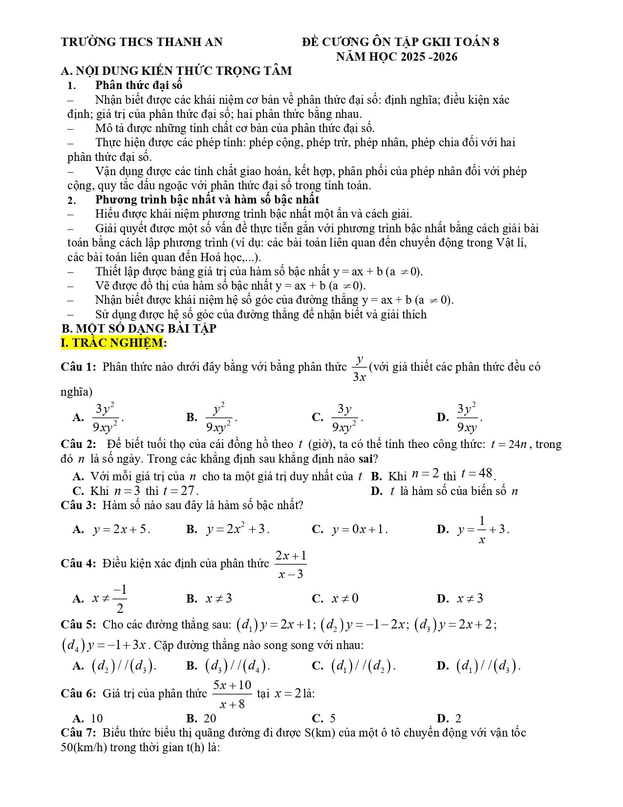 Đề cương ôn tập Giữa kì 2 Toán 8 trường THCS Thanh An (Quảng Trị) năm 2025–2026