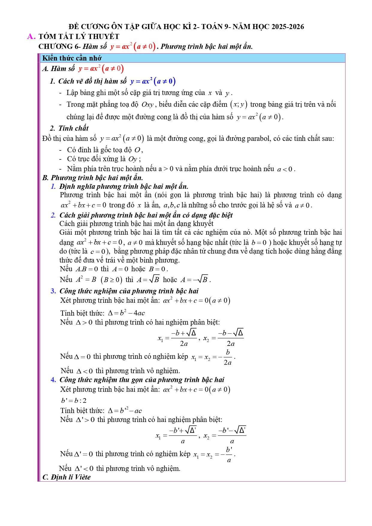 Đề cương ôn tập Giữa kì 2 Toán 9 trường THCS Thanh An (Quảng Trị) năm 2025–2026