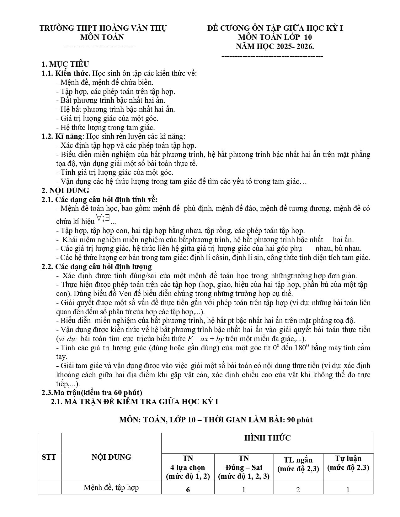 Đề cương ôn tập Giữa kì 1 Toán 10 trường THPT Hoàng Văn Thụ (Hà Nội) năm 2025–2026