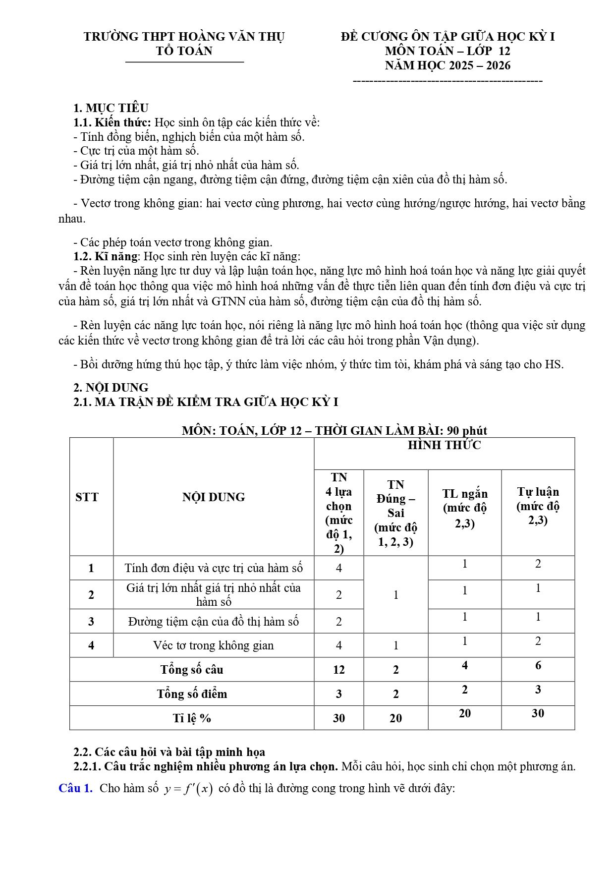 Đề cương ôn tập Giữa kì 1 Toán 12 trường THPT Hoàng Văn Thụ (Hà Nội) năm 2025–2026