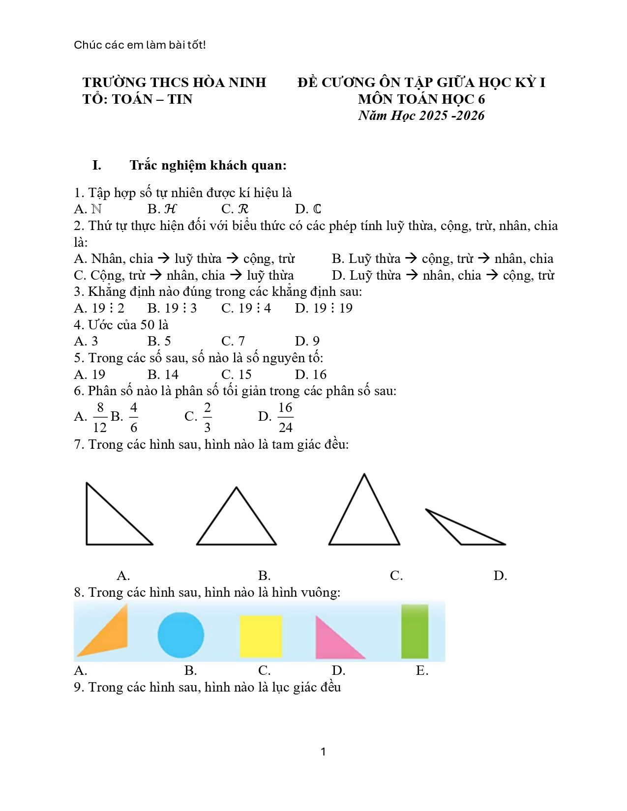 Đề cương ôn tập Giữa kì 1 Toán 6 trường THCS Hòa Ninh (Lâm Đồng) năm 2025–2026