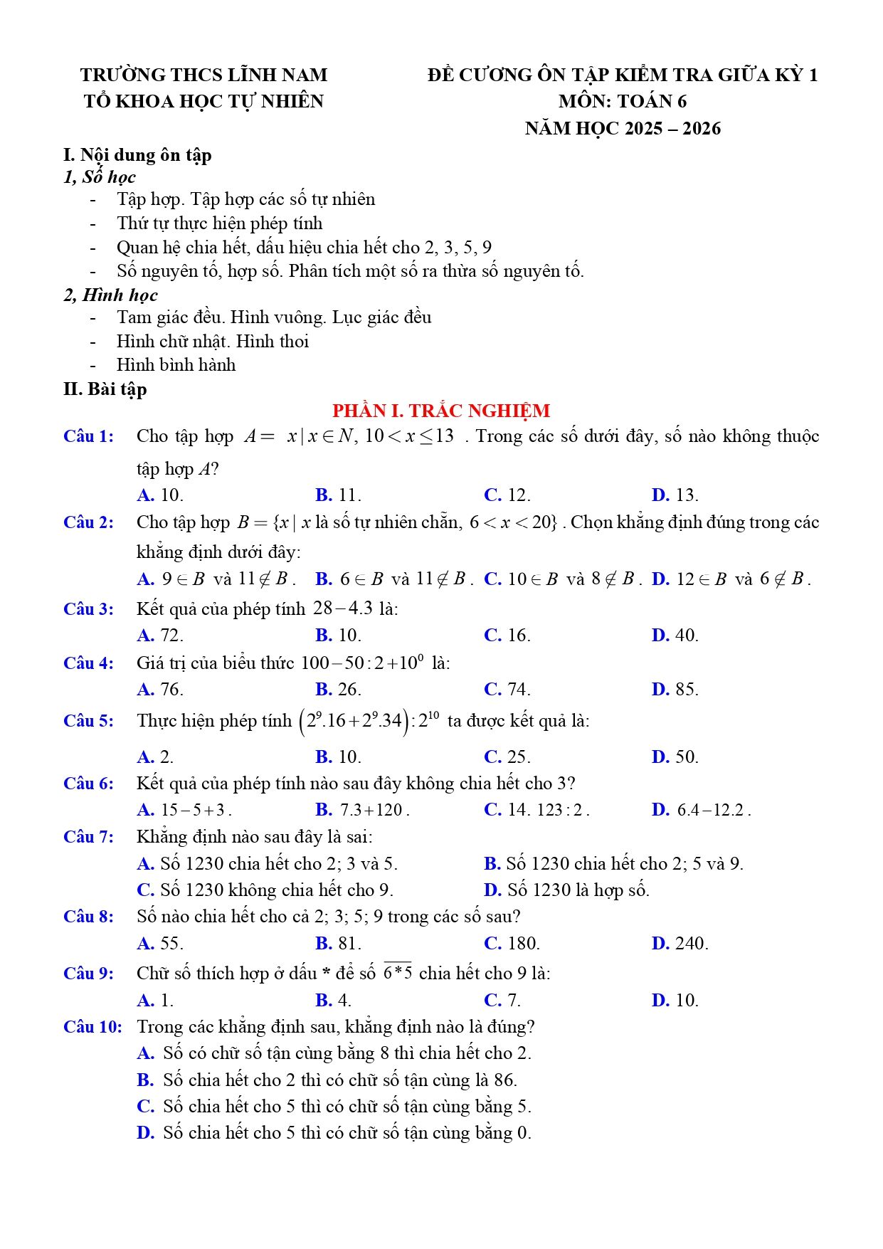 Đề cương ôn tập Giữa kì 1 Toán 6 trường THCS Lĩnh Nam (Hà Nội) năm 2025–2026
