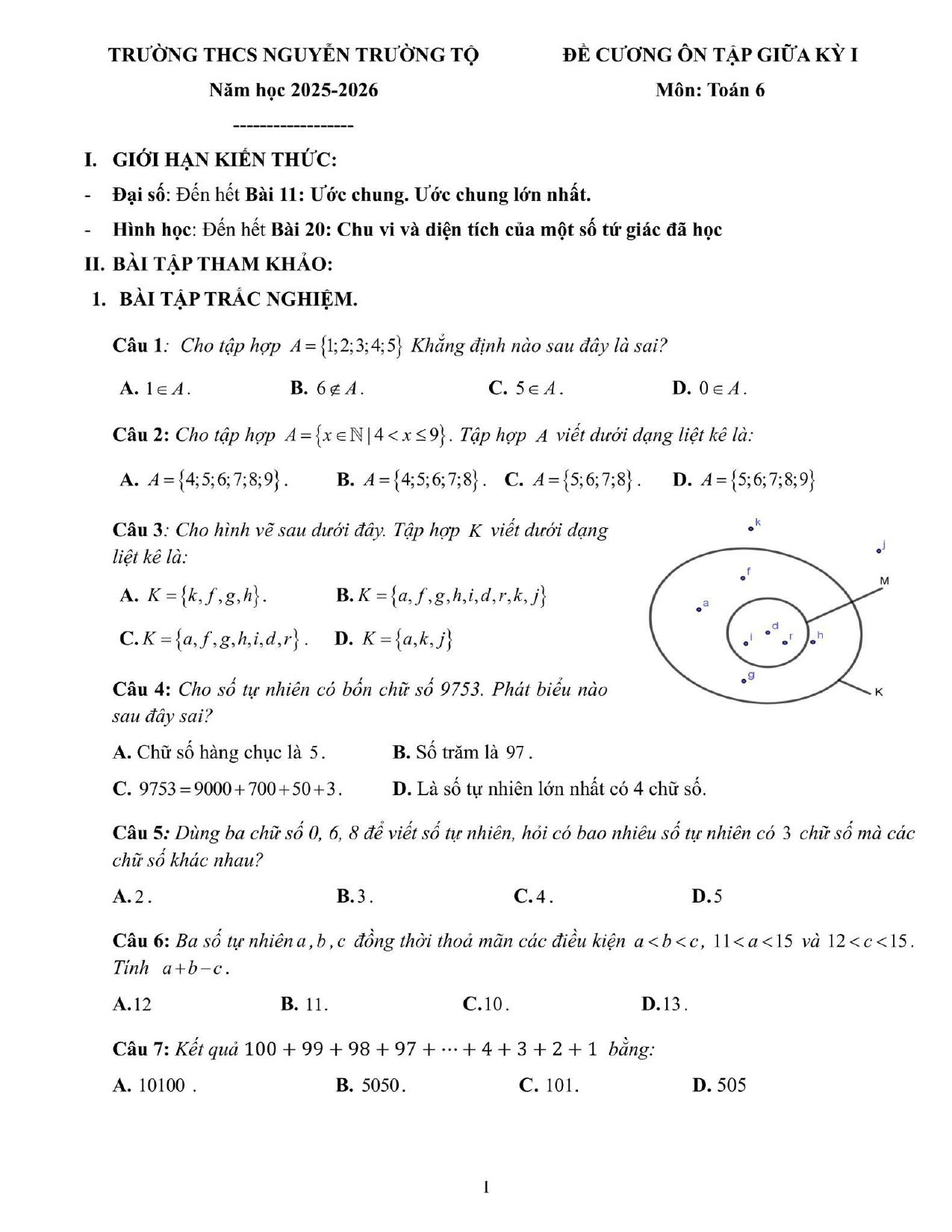 Đề cương ôn tập Giữa kì 1 Toán 6 trường THCS Nguyễn Trường Tộ (Hà Nội) năm 2025–2026
