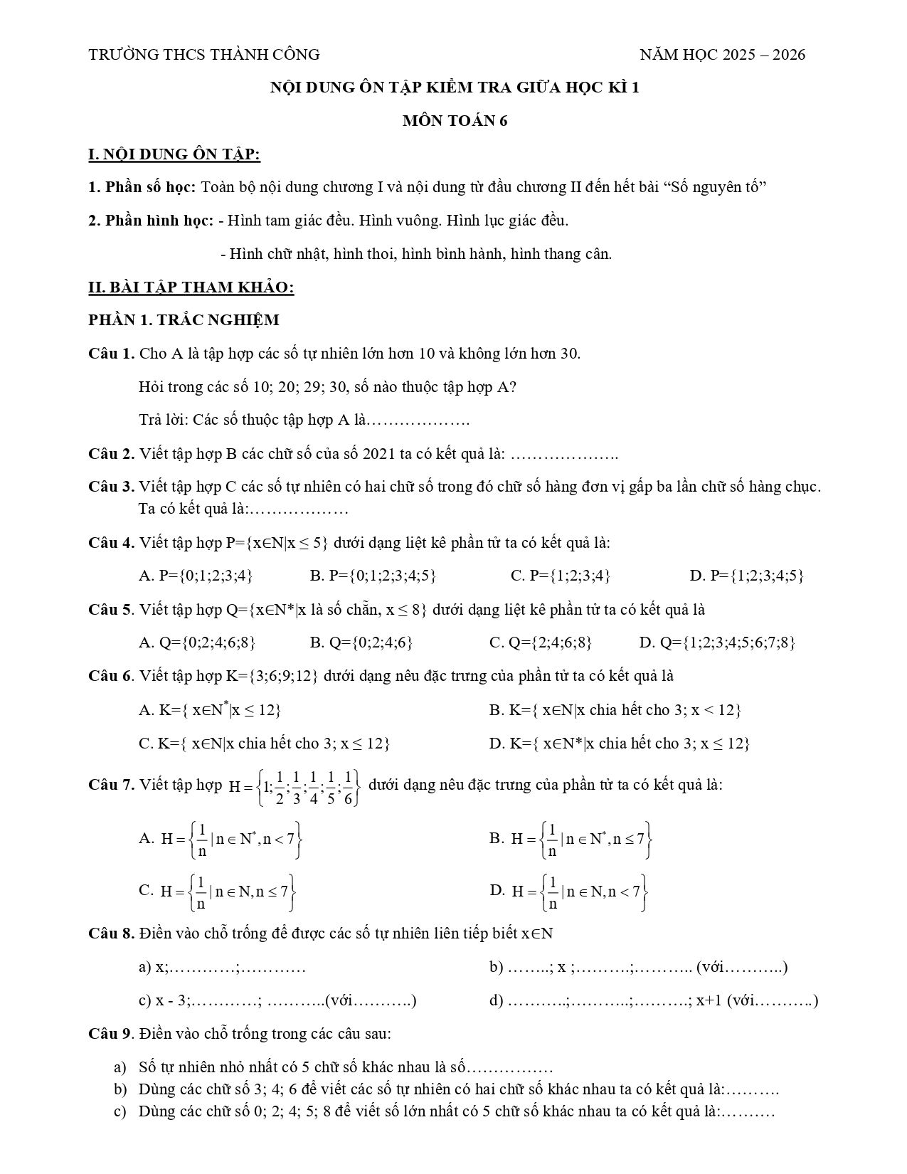 Đề cương ôn tập Giữa kì 1 Toán 6 trường THCS Thành Công (Hà Nội) năm 2025–2026