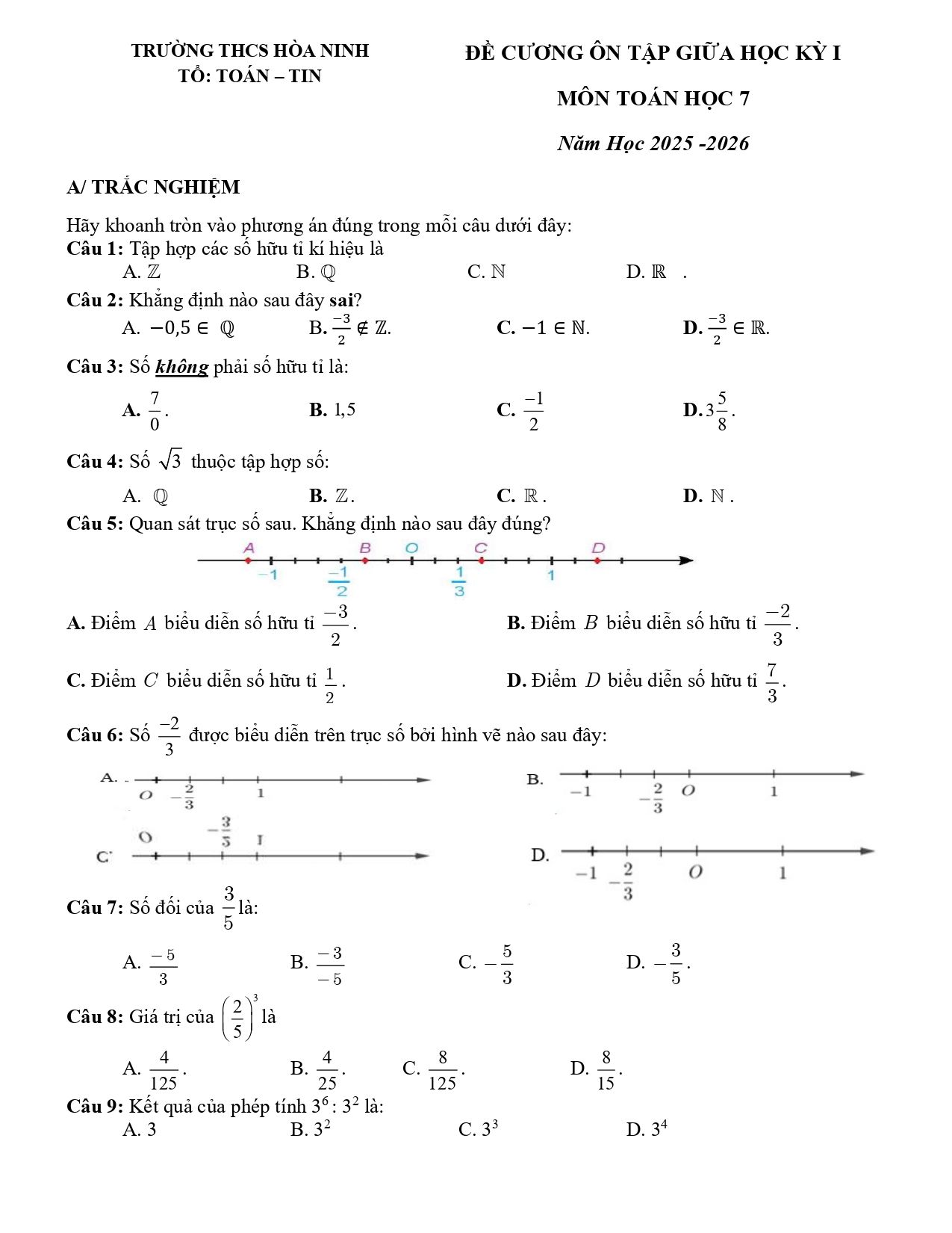 Đề cương ôn tập Giữa kì 1 Toán 7 trường THCS Hòa Ninh (Lâm Đồng) năm 2025–2026