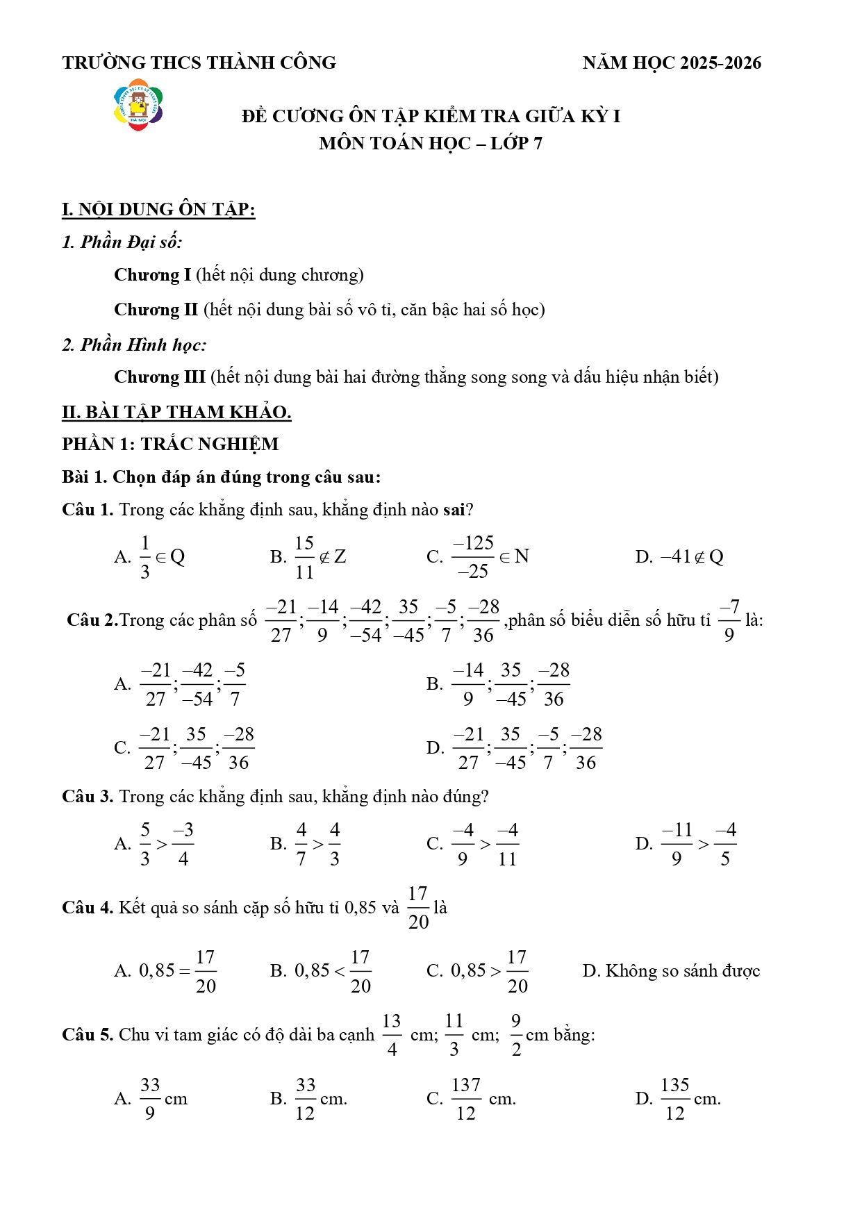 Đề cương ôn tập Giữa kì 1 Toán 7 trường THCS Thành Công (Hà Nội) năm 2025–2026