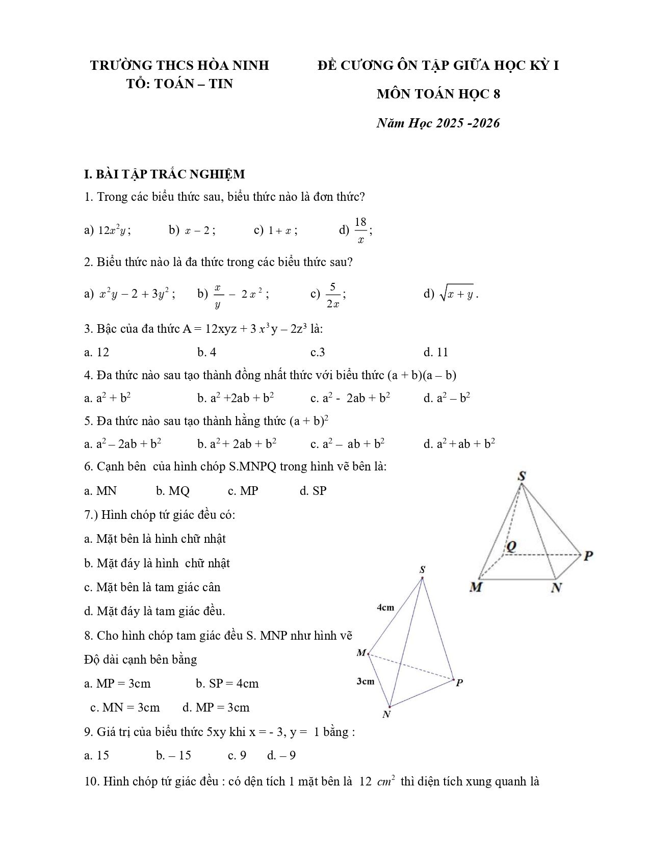 Đề cương ôn tập Giữa kì 1 Toán 8 trường THCS Hòa Ninh (Lâm Đồng) năm 2025–2026