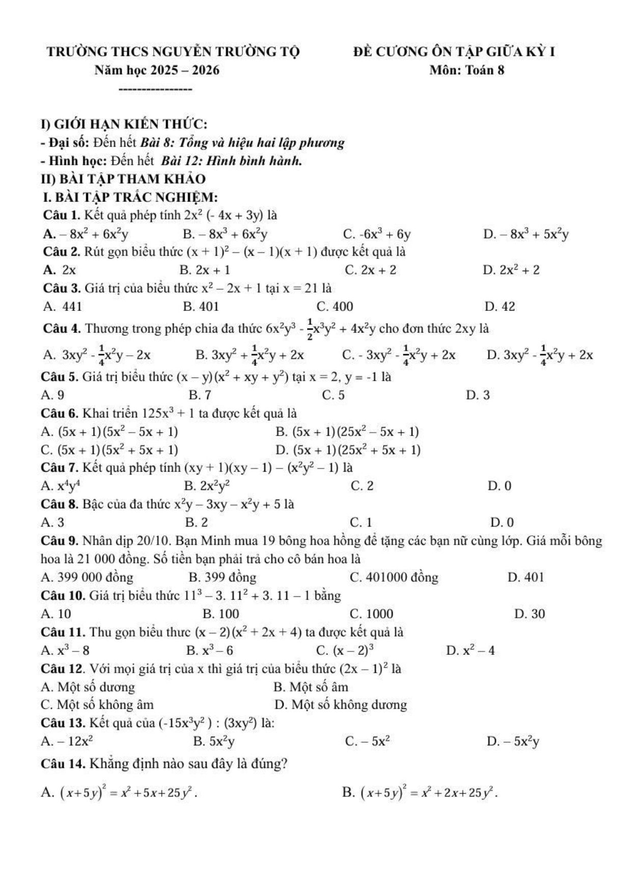 Đề cương ôn tập Giữa kì 1 Toán 8 trường THCS Nguyễn Trường Tộ (Hà Nội) năm 2025–2026