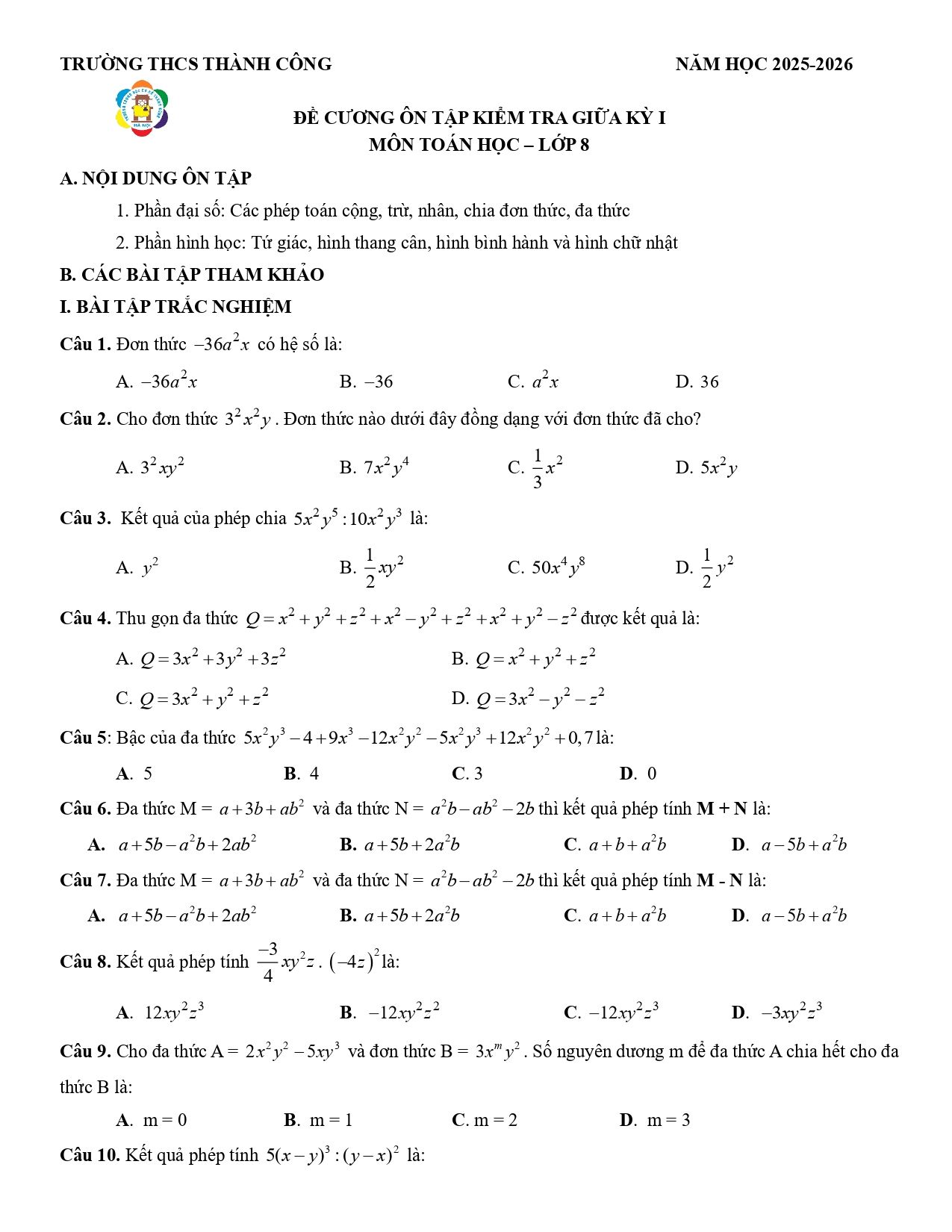 Đề cương ôn tập Giữa kì 1 Toán 8 trường THCS Thành Công (Hà Nội) năm 2025–2026