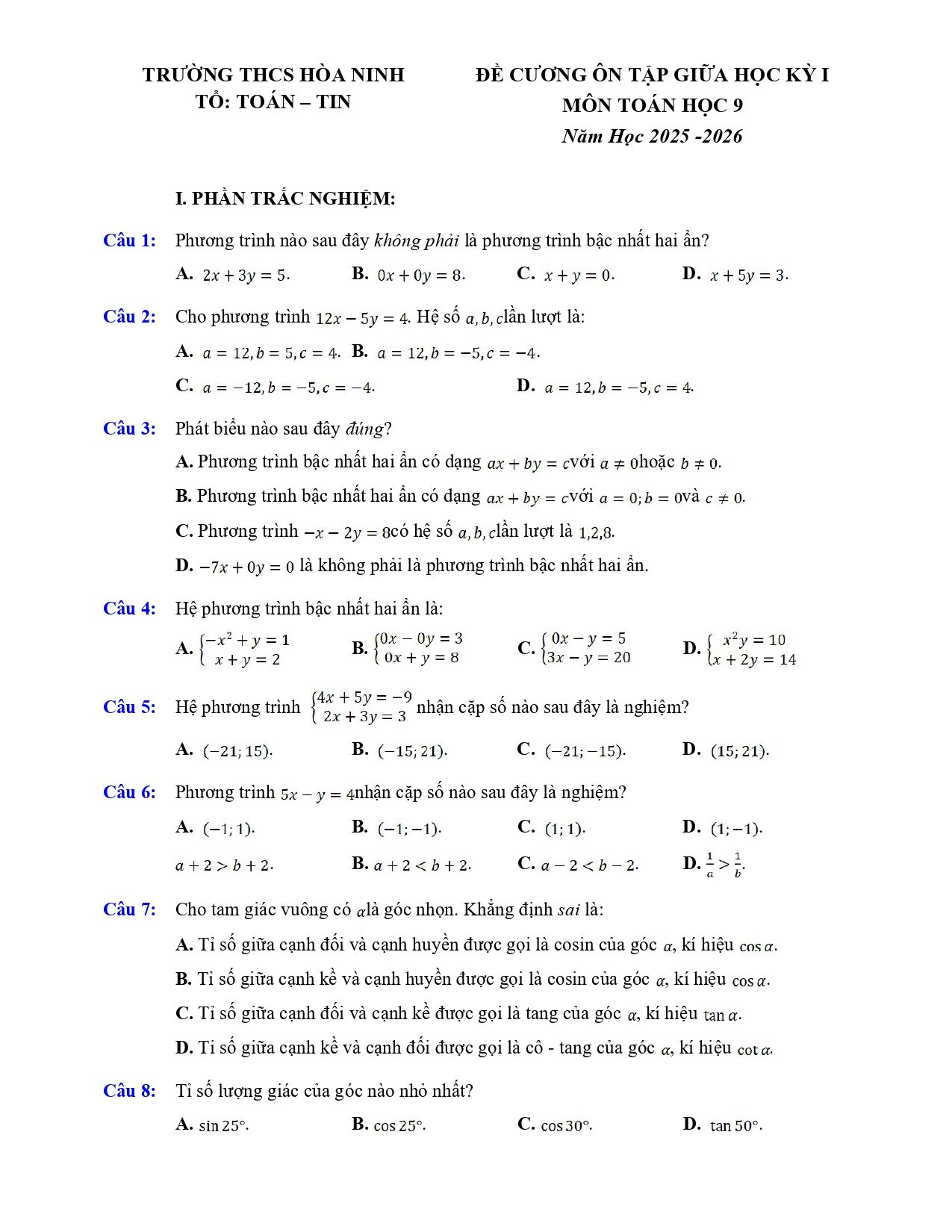 Đề cương ôn tập Giữa kì 1 Toán 9 trường THCS Hòa Ninh (Lâm Đồng) năm 2025–2026