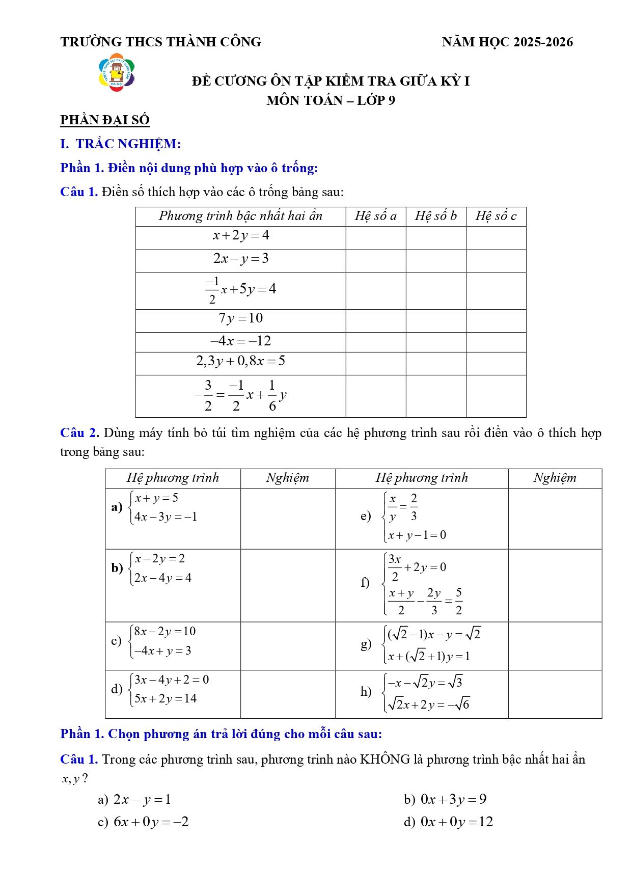 Đề cương ôn tập Giữa kì 1 Toán 9 trường THCS Thành Công (Hà Nội) năm 2025–2026