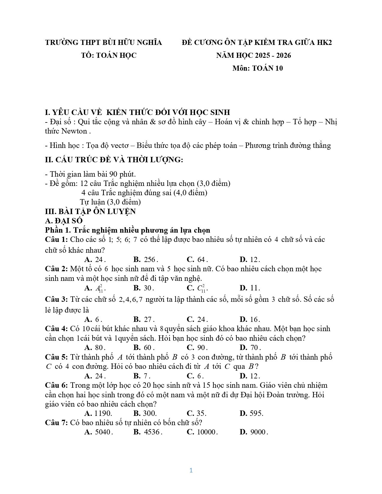 Đề cương ôn tập Giữa kì 2 Toán 10 trường THPT Bùi Hữu Nghĩa (Cần Thơ) năm 2025–2026