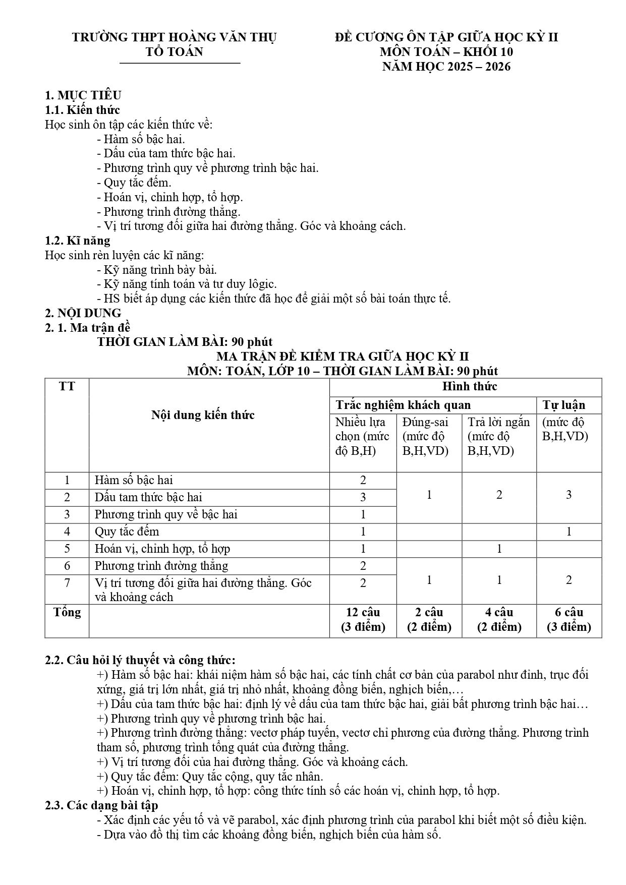 Đề cương ôn tập Giữa kì 2 Toán 10 trường THPT Hoàng Văn Thụ (Hà Nội) năm 2025–2026