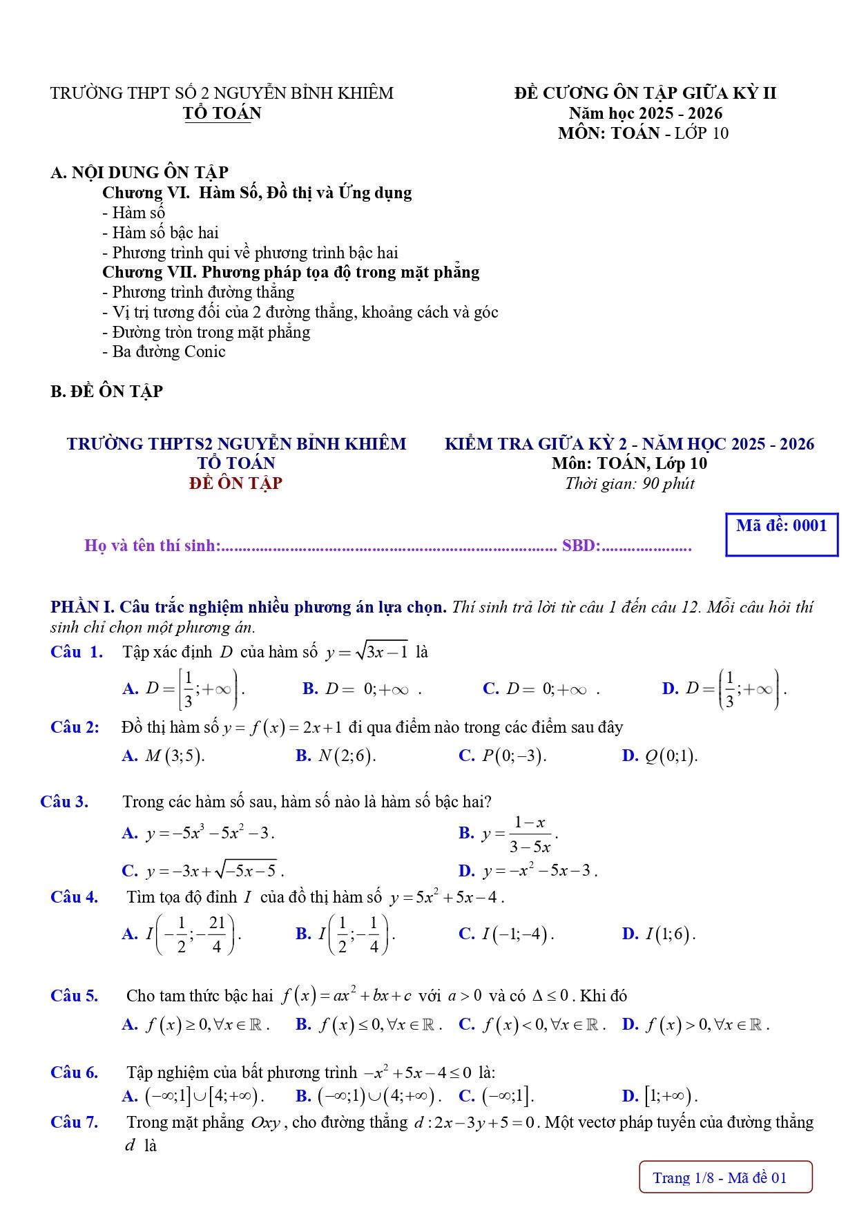 Đề cương ôn tập Giữa kì 2 Toán 10 trường THPT Nguyễn Bỉnh Khiêm 2 (Gia Lai) năm 2025–2026