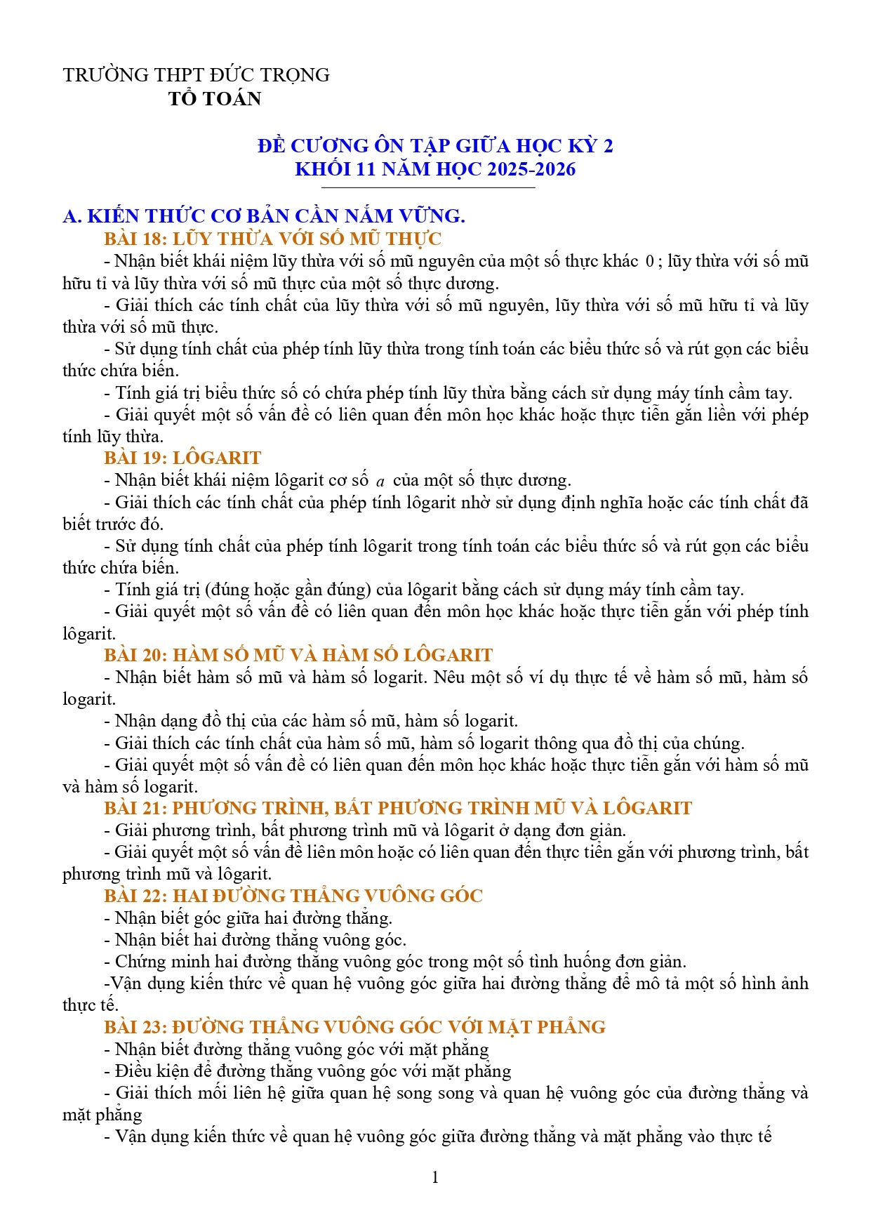 Đề cương ôn tập Giữa kì 2 Toán 11 trường THPT Đức Trọng (Lâm Đồng) năm 2025–2026
