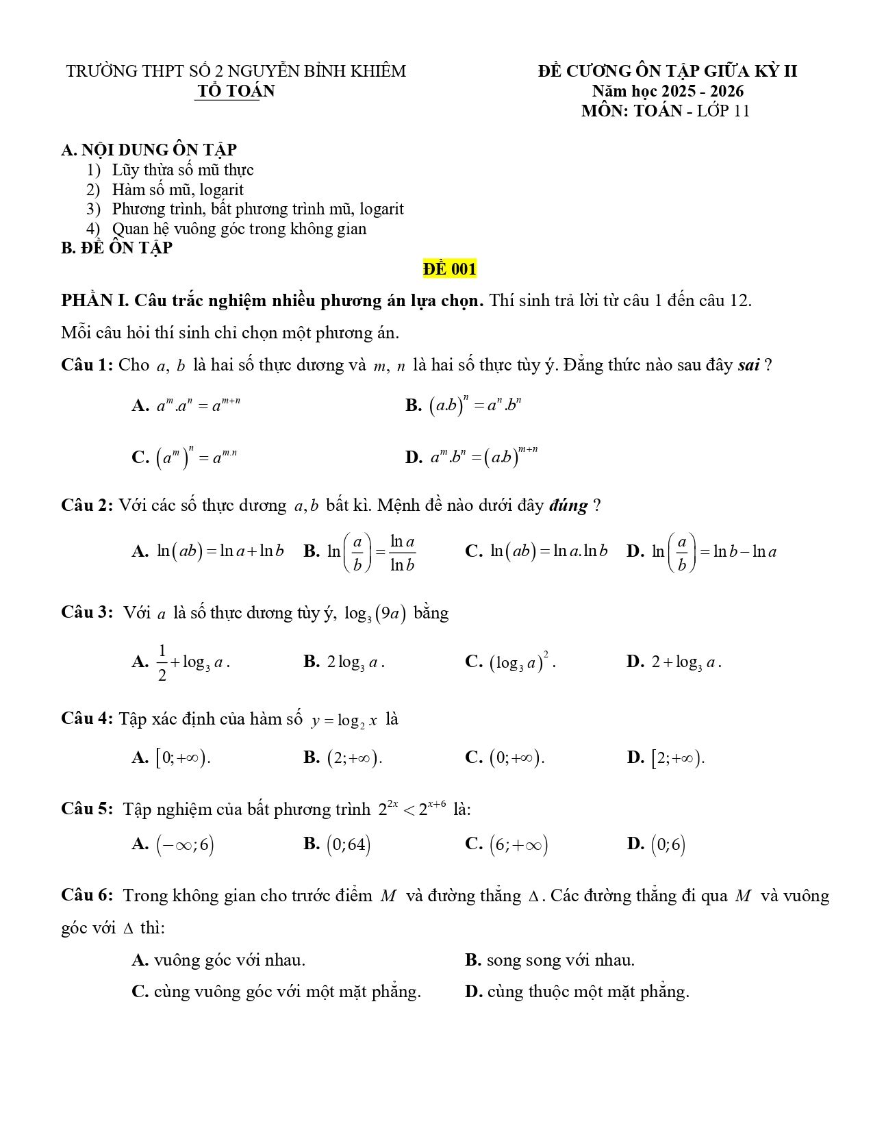 Đề cương ôn tập Giữa kì 2 Toán 11 trường THPT Nguyễn Bỉnh Khiêm 2 (Gia Lai) năm 2025–2026