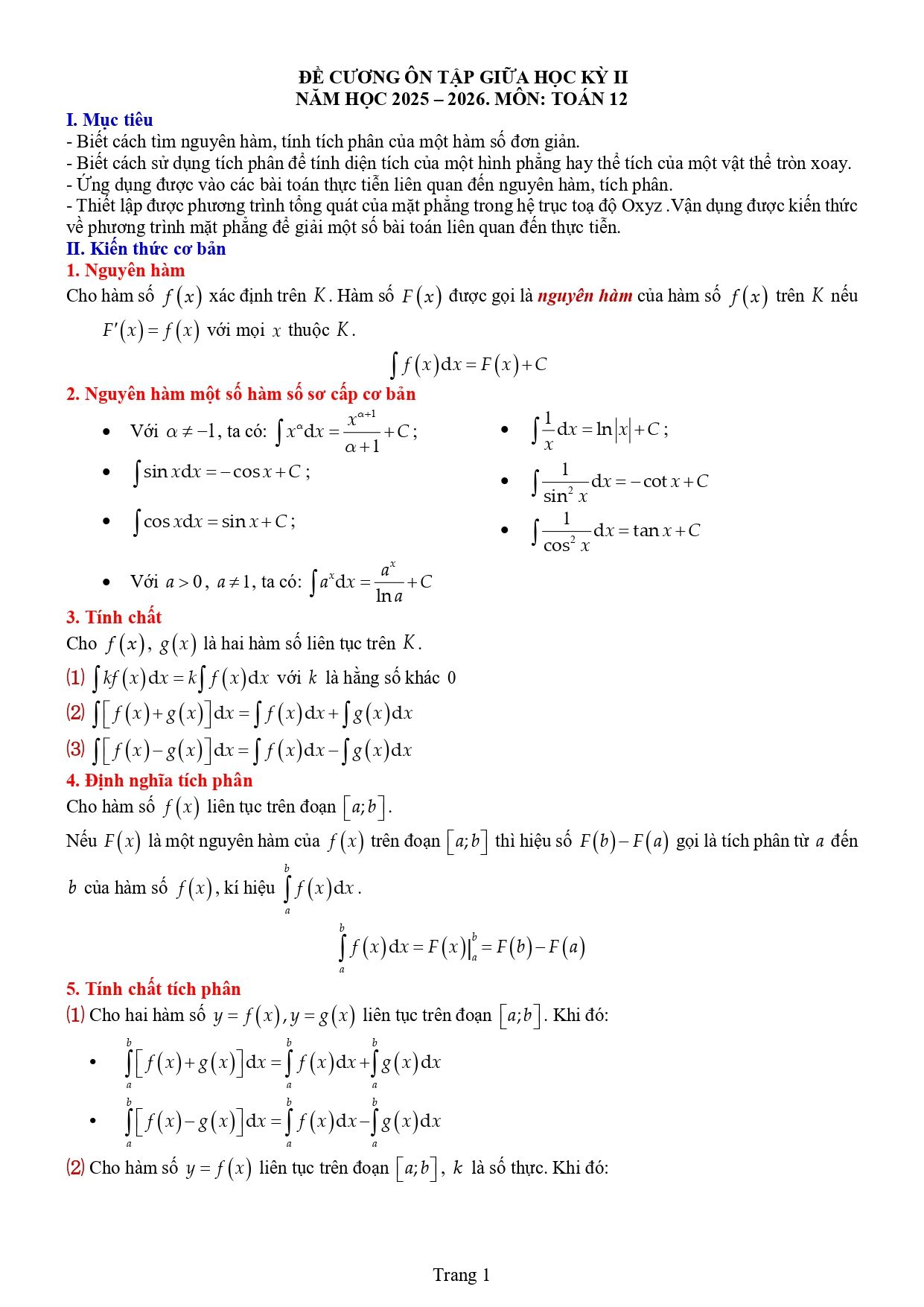 Đề cương ôn tập Giữa kì 2 Toán 12 trường THPT Đức Trọng (Lâm Đồng) năm 2025–2026