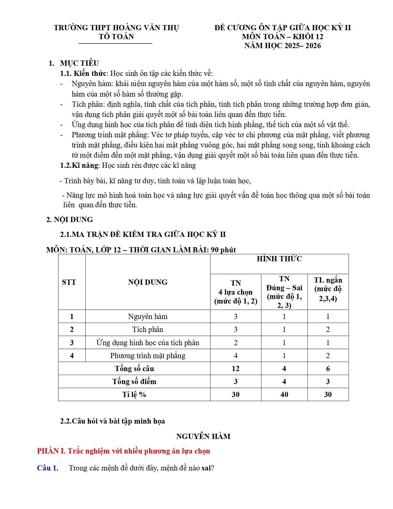 Đề cương ôn tập Giữa kì 2 Toán 12 trường THPT Hoàng Văn Thụ (Hà Nội) năm 2025–2026