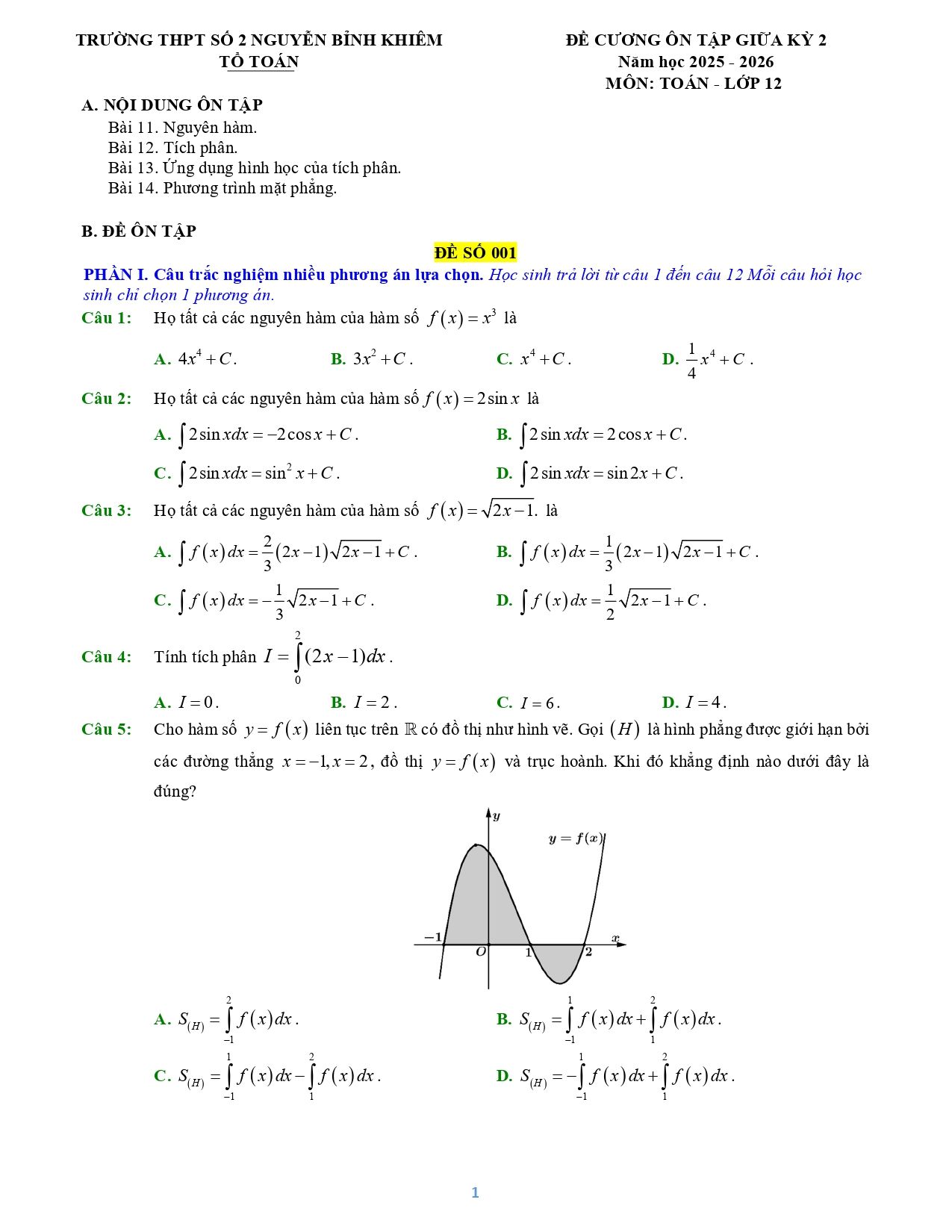 Đề cương ôn tập Giữa kì 2 Toán 12 trường THPT Nguyễn Bỉnh Khiêm 2 (Gia Lai) năm 2025–2026