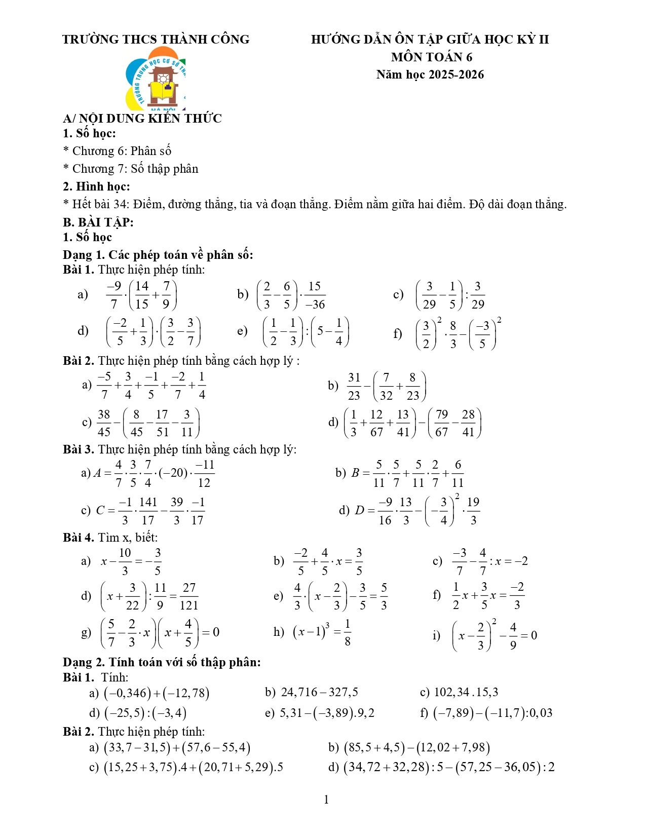 Đề cương ôn tập Giữa kì 2 Toán 6 trường THCS Thành Công (Hà Nội) năm 2025–2026