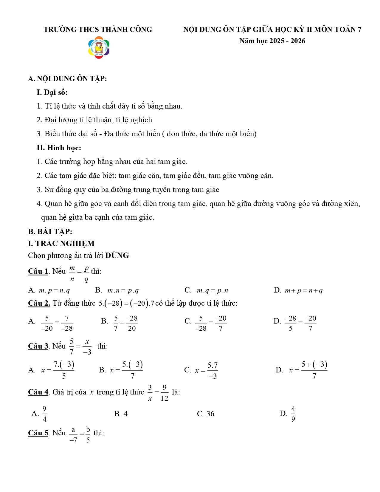 Đề cương ôn tập Giữa kì 2 Toán 7 trường THCS Thành Công (Hà Nội) năm 2025–2026