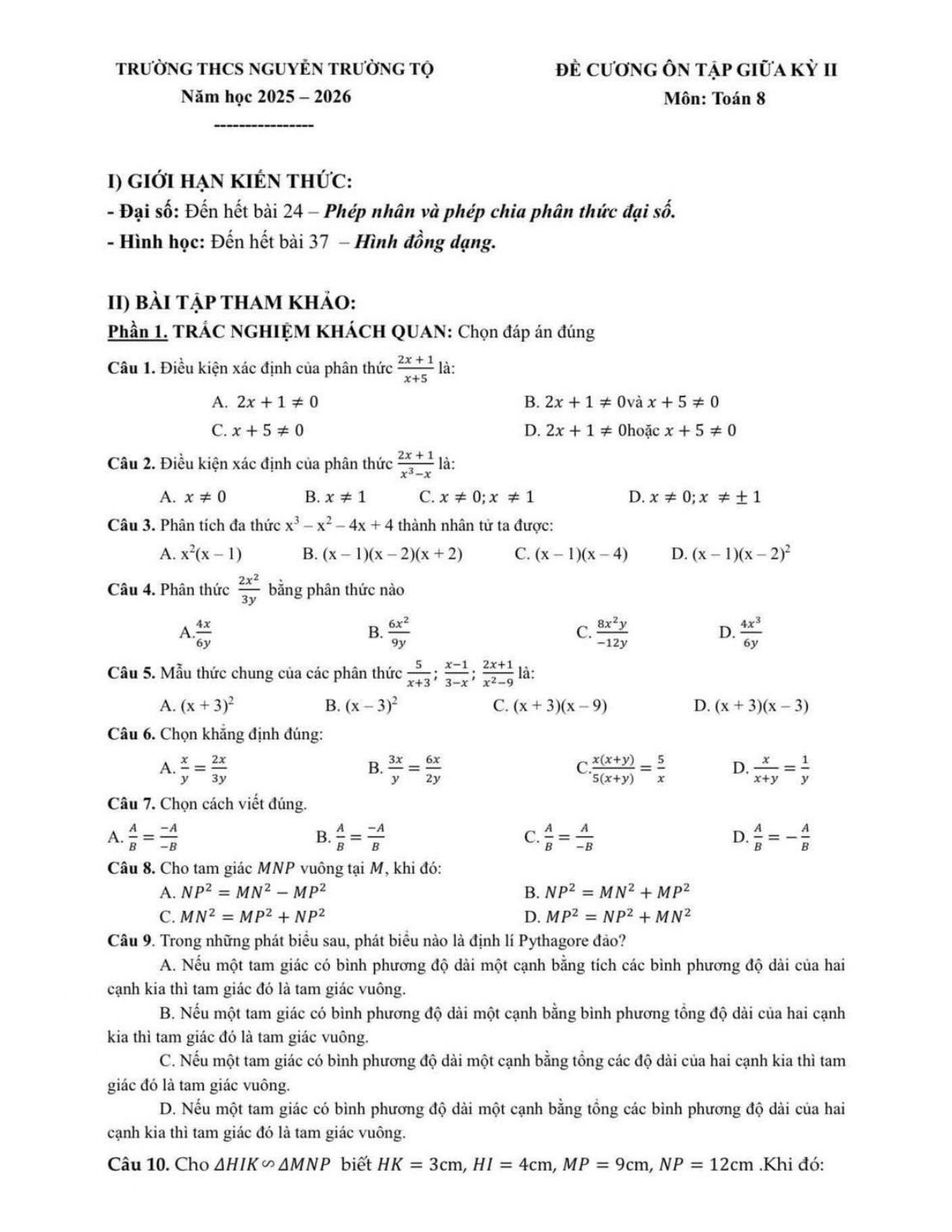 Đề cương ôn tập Giữa kì 2 Toán 8 trường THCS Nguyễn Trường Tộ (Hà Nội) năm 2025–2026