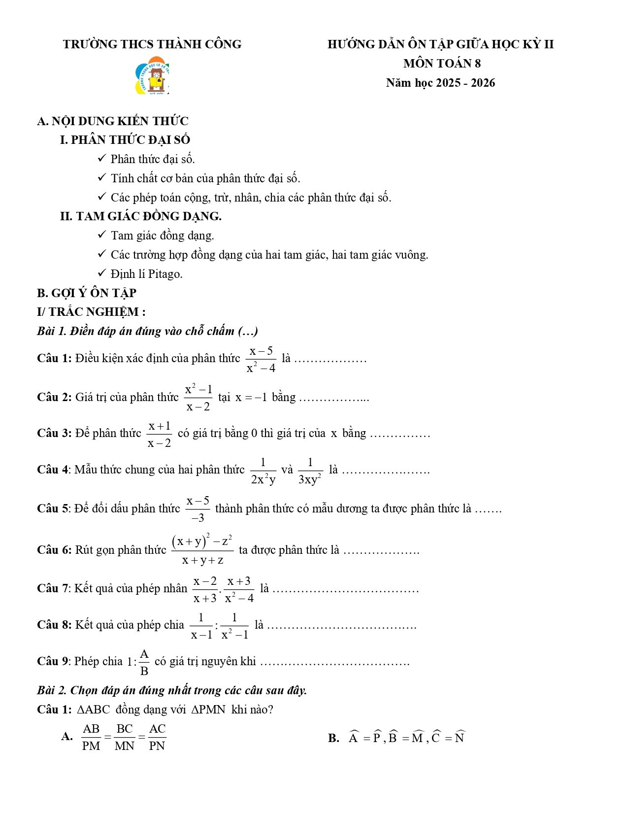 Đề cương ôn tập Giữa kì 2 Toán 8 trường THCS Thành Công (Hà Nội) năm 2025–2026