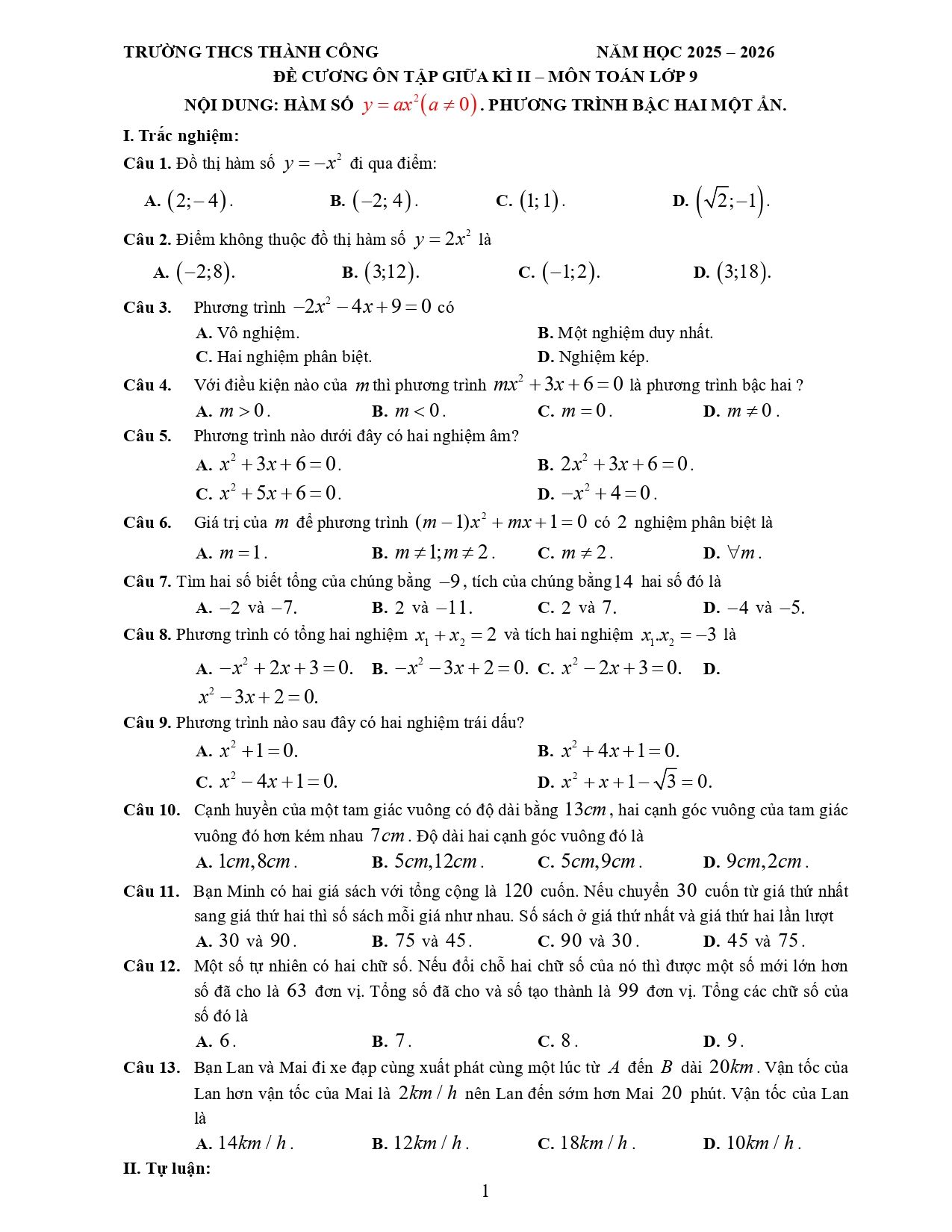 Đề cương ôn tập Giữa kì 2 Toán 9 trường THCS Thành Công (Hà Nội) năm 2025–2026