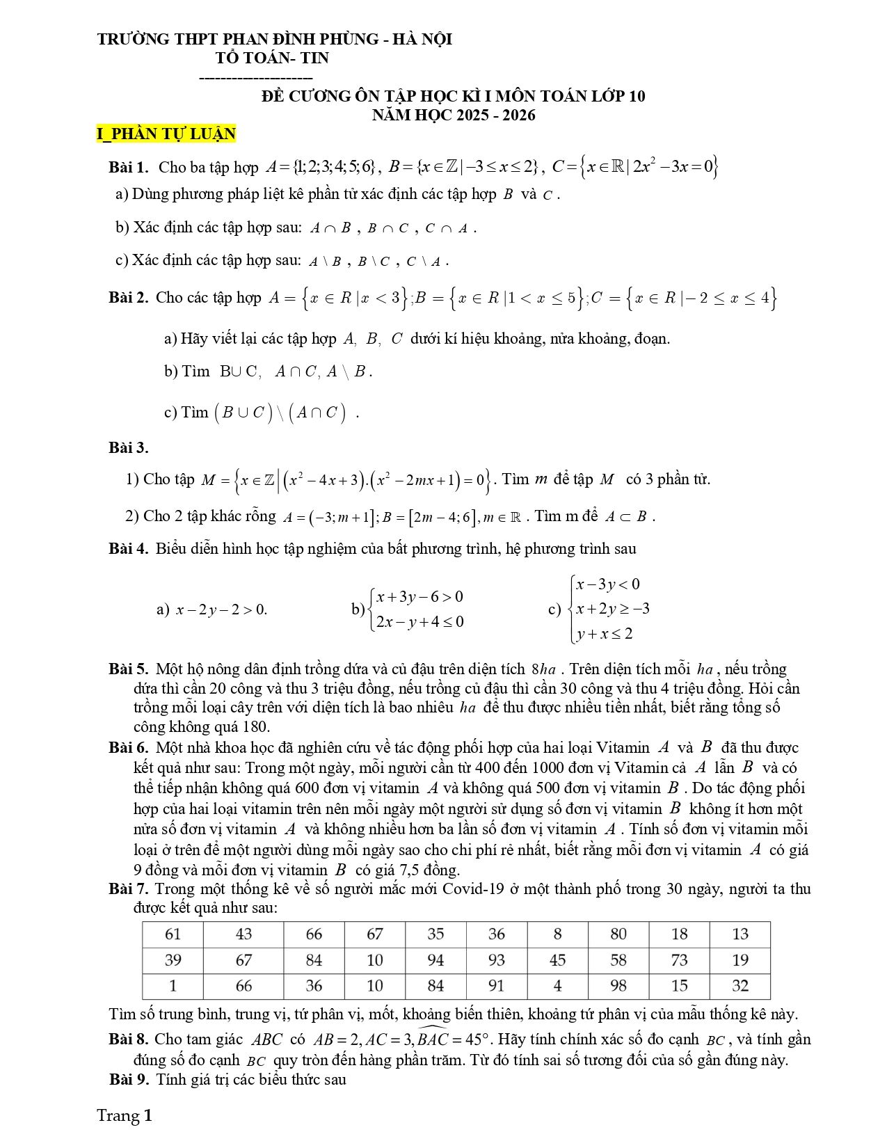 Đề cương ôn tập Học kì 1 Toán 10 trường THPT Phan Đình Phùng (Hà Nội) năm 2025–2026
