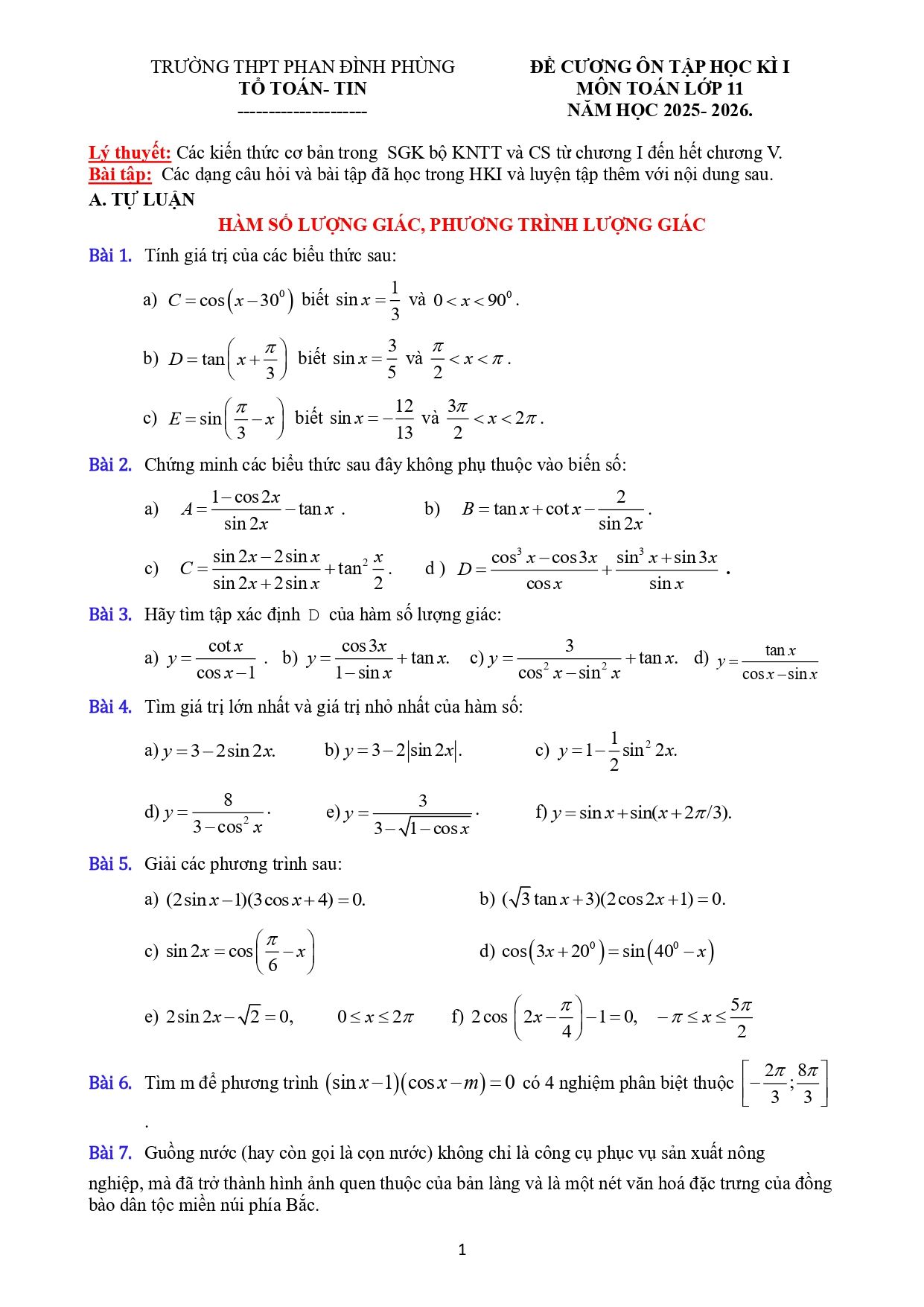 Đề cương ôn tập Học kì 1 Toán 11 trường THPT Phan Đình Phùng (Hà Nội) năm 2025–2026