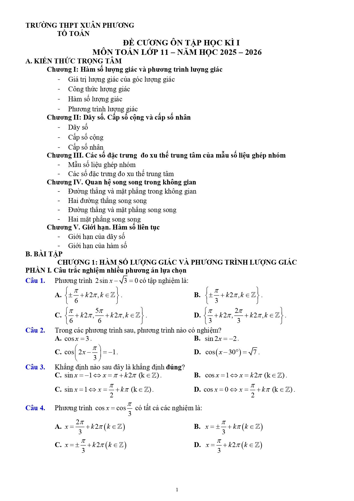 Đề cương ôn tập Học kì 1 Toán 11 trường THPT Xuân Phương (Hà Nội) năm 2025–2026