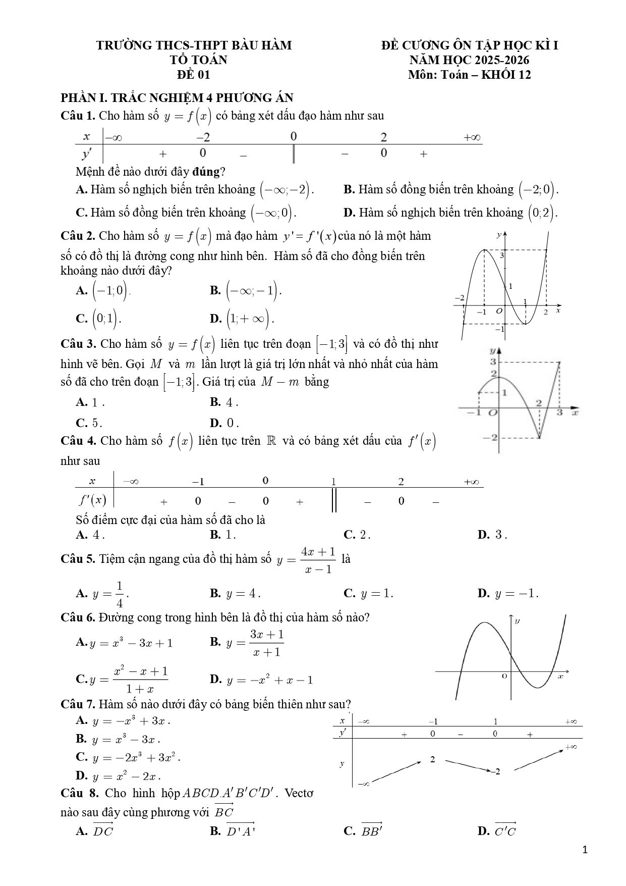 Đề cương ôn tập Học kì 1 Toán 12 trường THCS-THPT Bàu Hàm (Đồng Nai) năm 2025–2026