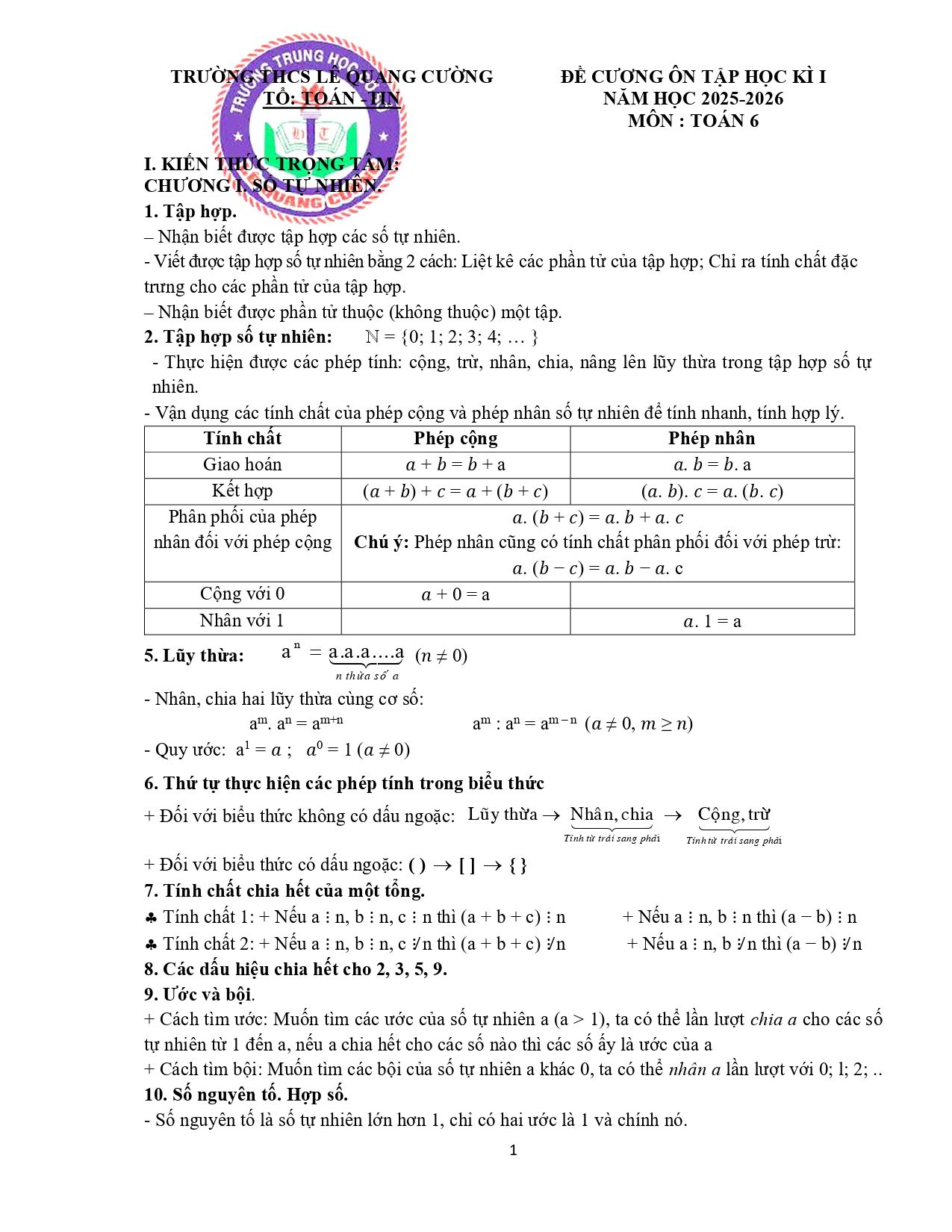 Đề cương ôn tập Học kì 1 Toán 6 trường THCS Lê Quang Cường (TP Hồ Chí Minh) năm 2025–2026
