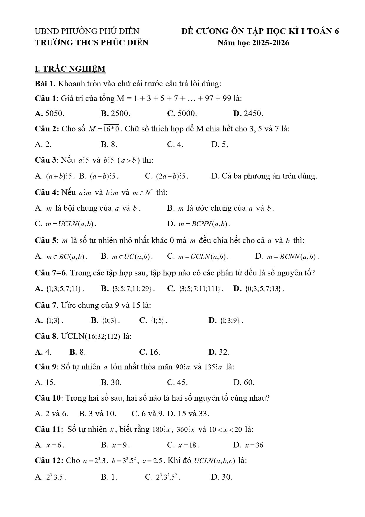 Đề cương ôn tập Học kì 1 Toán 6 trường THCS Phúc Diễn (Hà Nội) năm 2025–2026